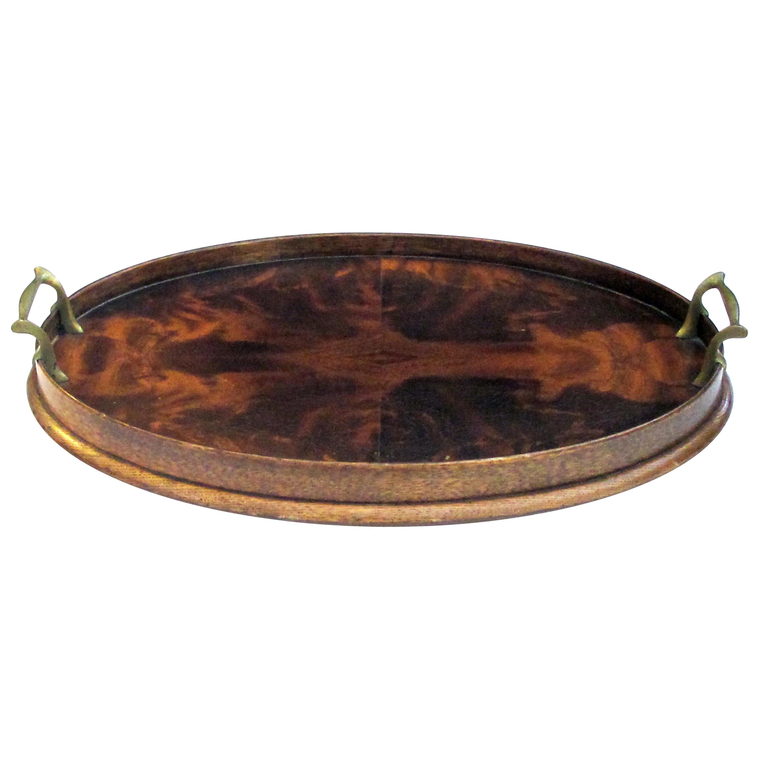 Handsome English Edwardian Flame Mahogany Veneered Oval Tray with Brass Handles