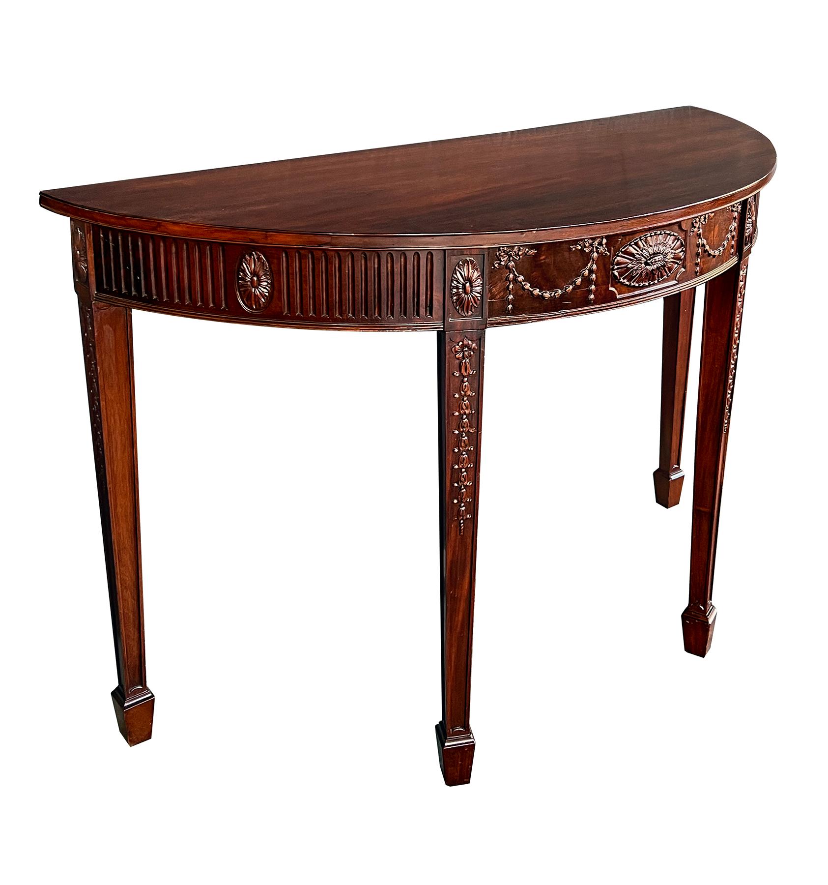 Handsome English George III Hepplewhite Style Carved Mahogany Demilune Table In Good Condition For Sale In San Francisco, CA