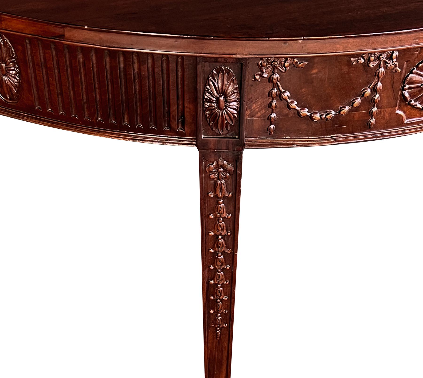 Handsome English George III Hepplewhite Style Carved Mahogany Demilune Table For Sale 2