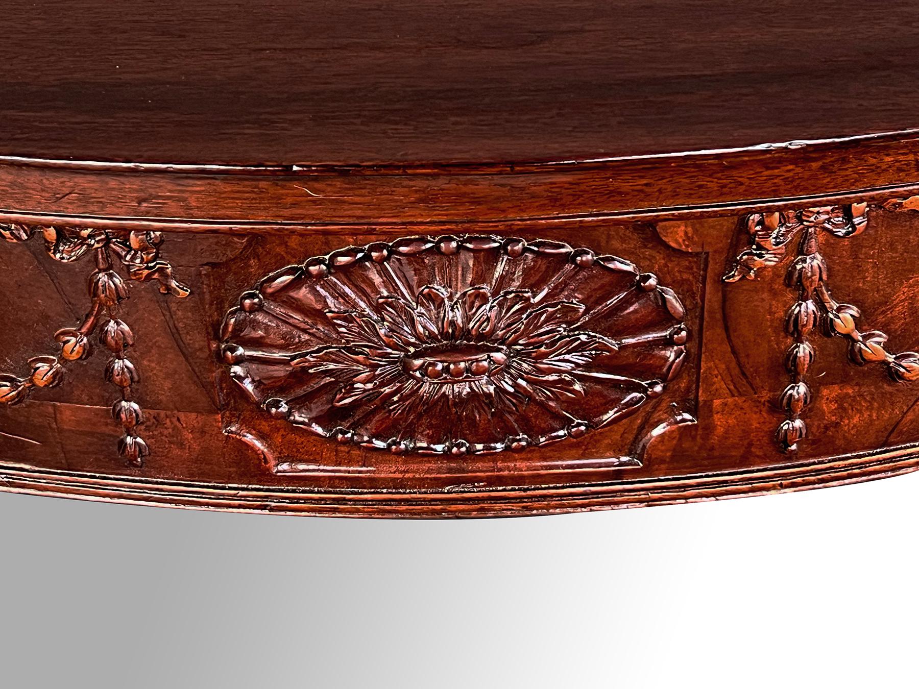 Handsome English George III Hepplewhite Style Carved Mahogany Demilune Table For Sale 3