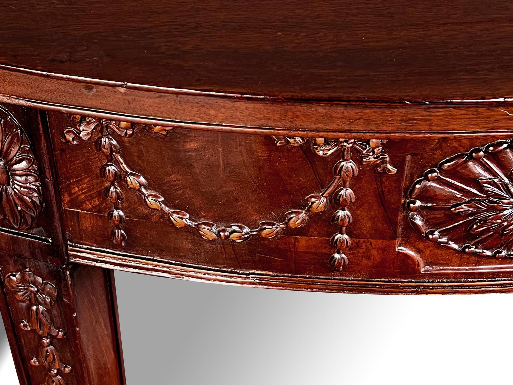 Handsome English George III Hepplewhite Style Carved Mahogany Demilune Table For Sale 4