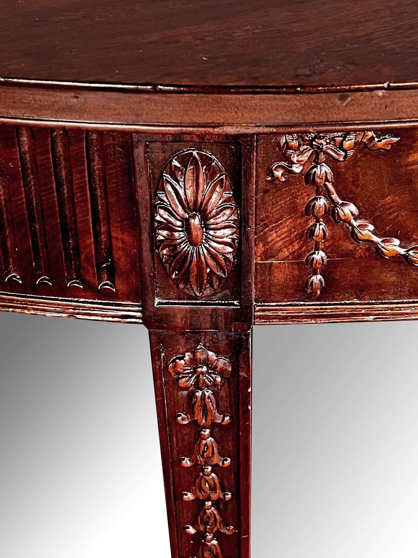 Handsome English George III Hepplewhite Style Carved Mahogany Demilune Table For Sale 5