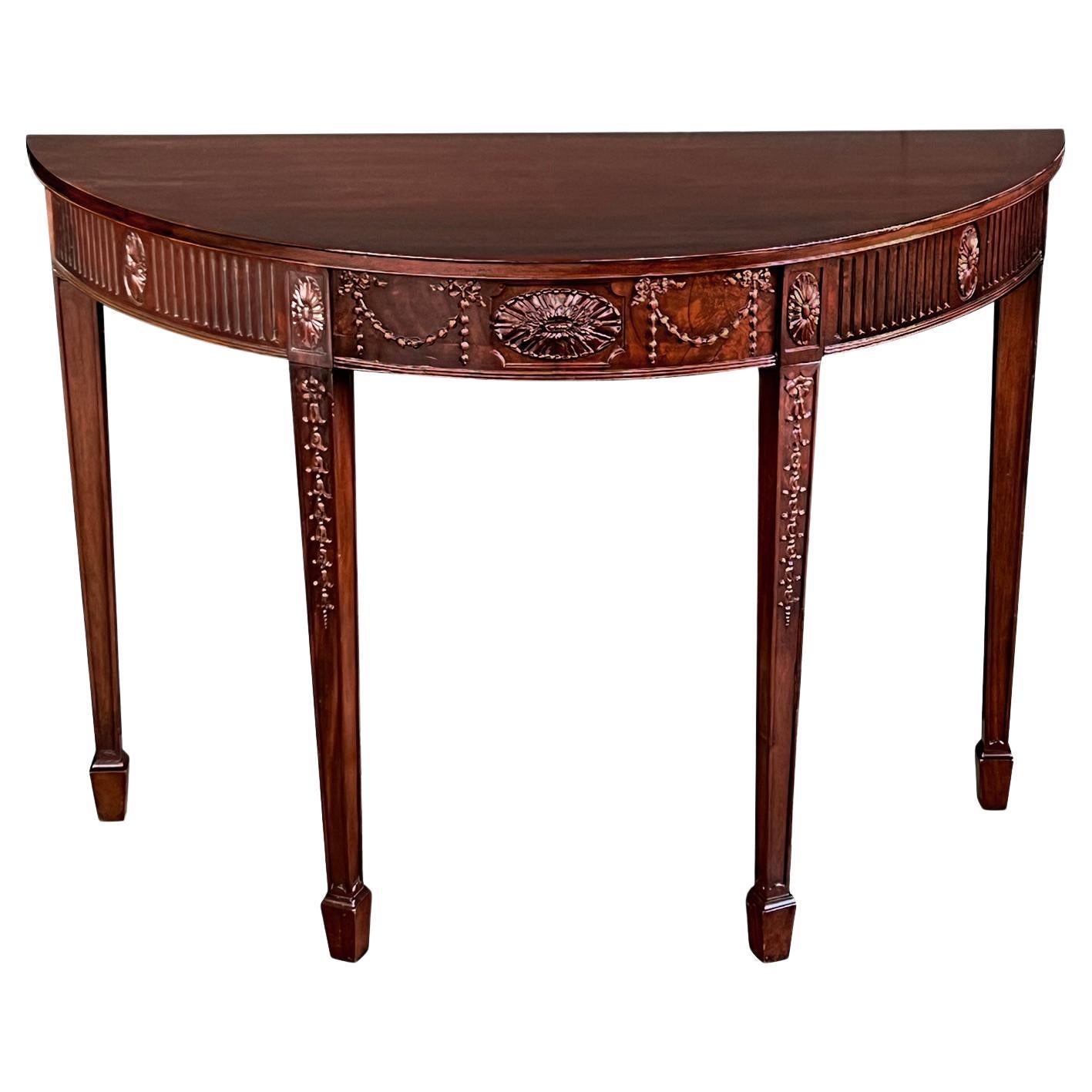Handsome English George III Hepplewhite Style Carved Mahogany Demilune Table
