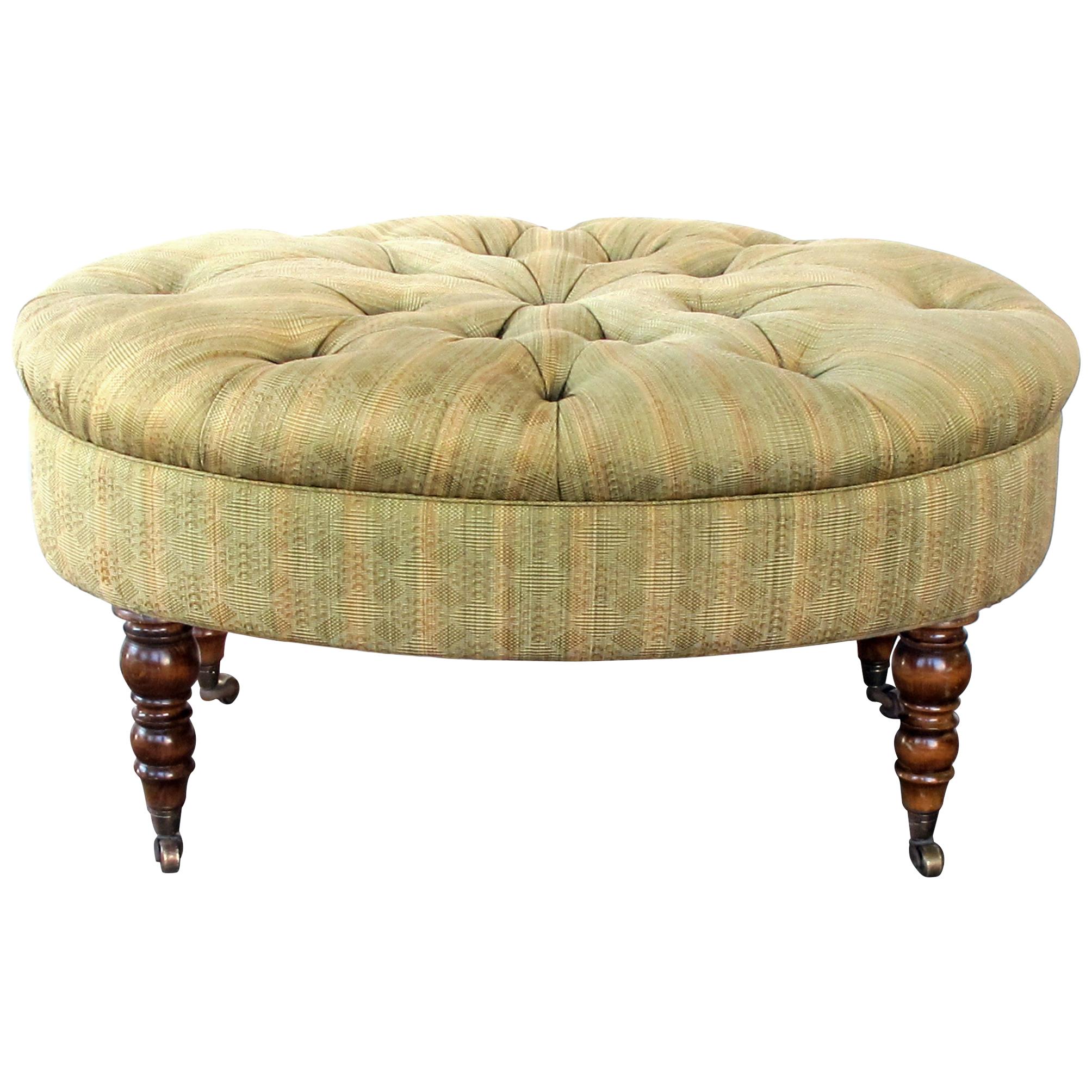 Handsome English Late 19th Century Oval Ottoman/Stool with Turned Legs & Casters For Sale
