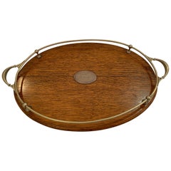 Handsome English Oval Oak Tray with Brass Gallery and Handles