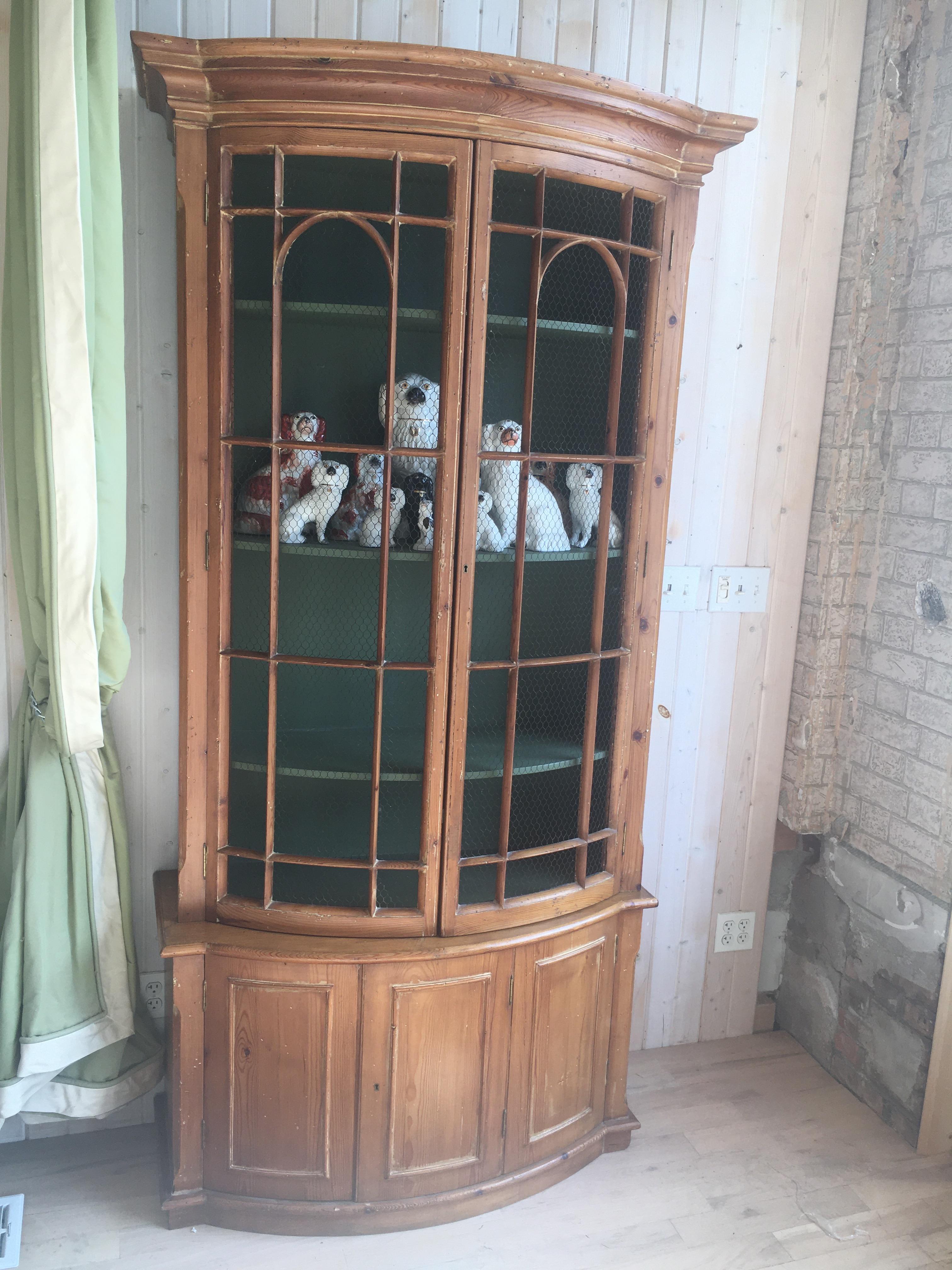 Handsome English Pine Two-Door Cabinet with Wire Mesh on Upper Doors Nice Patina 2