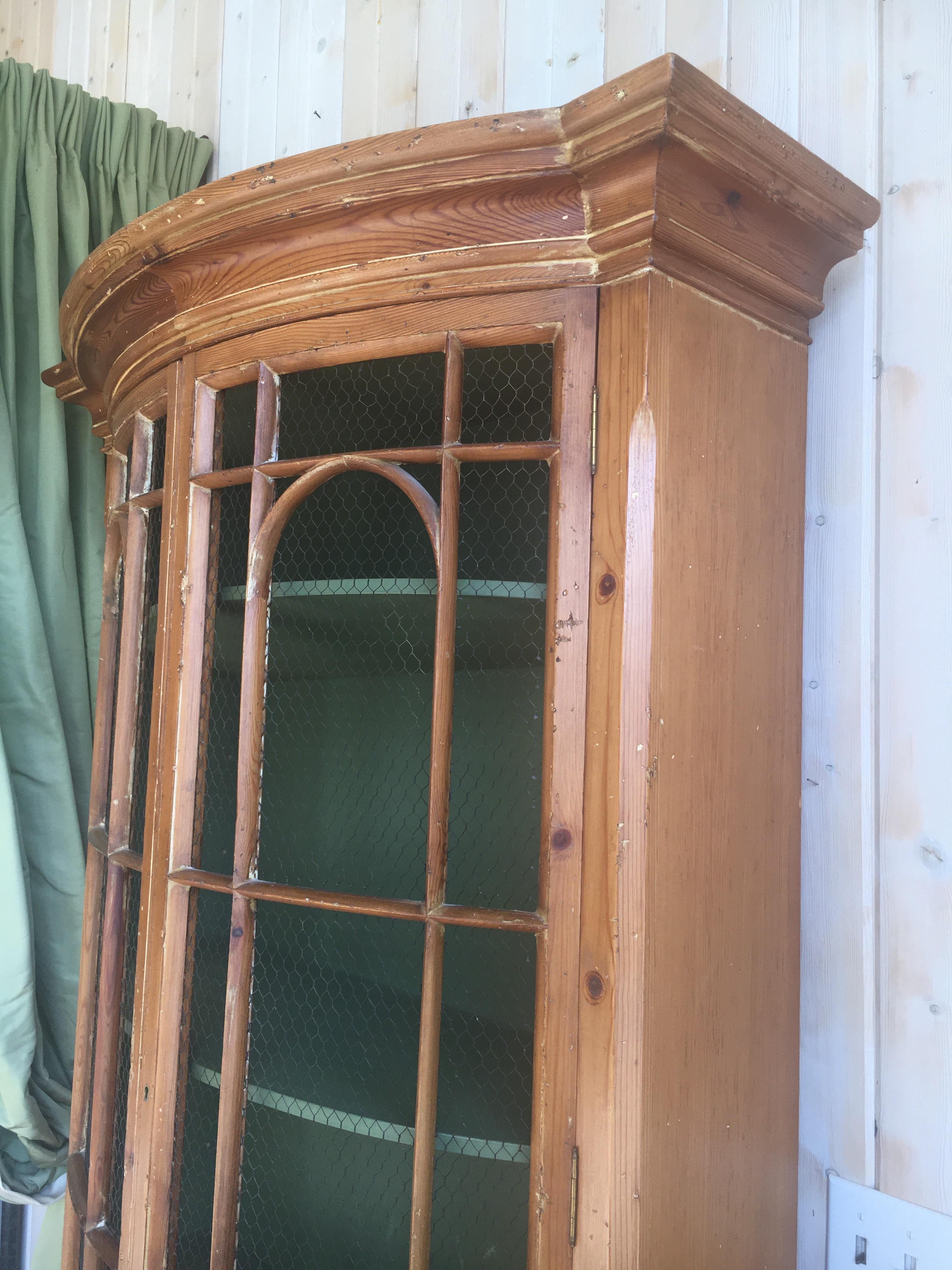 Handsome English Pine Two-Door Cabinet with Wire Mesh on Upper Doors Nice Patina In Good Condition In Buchanan, MI
