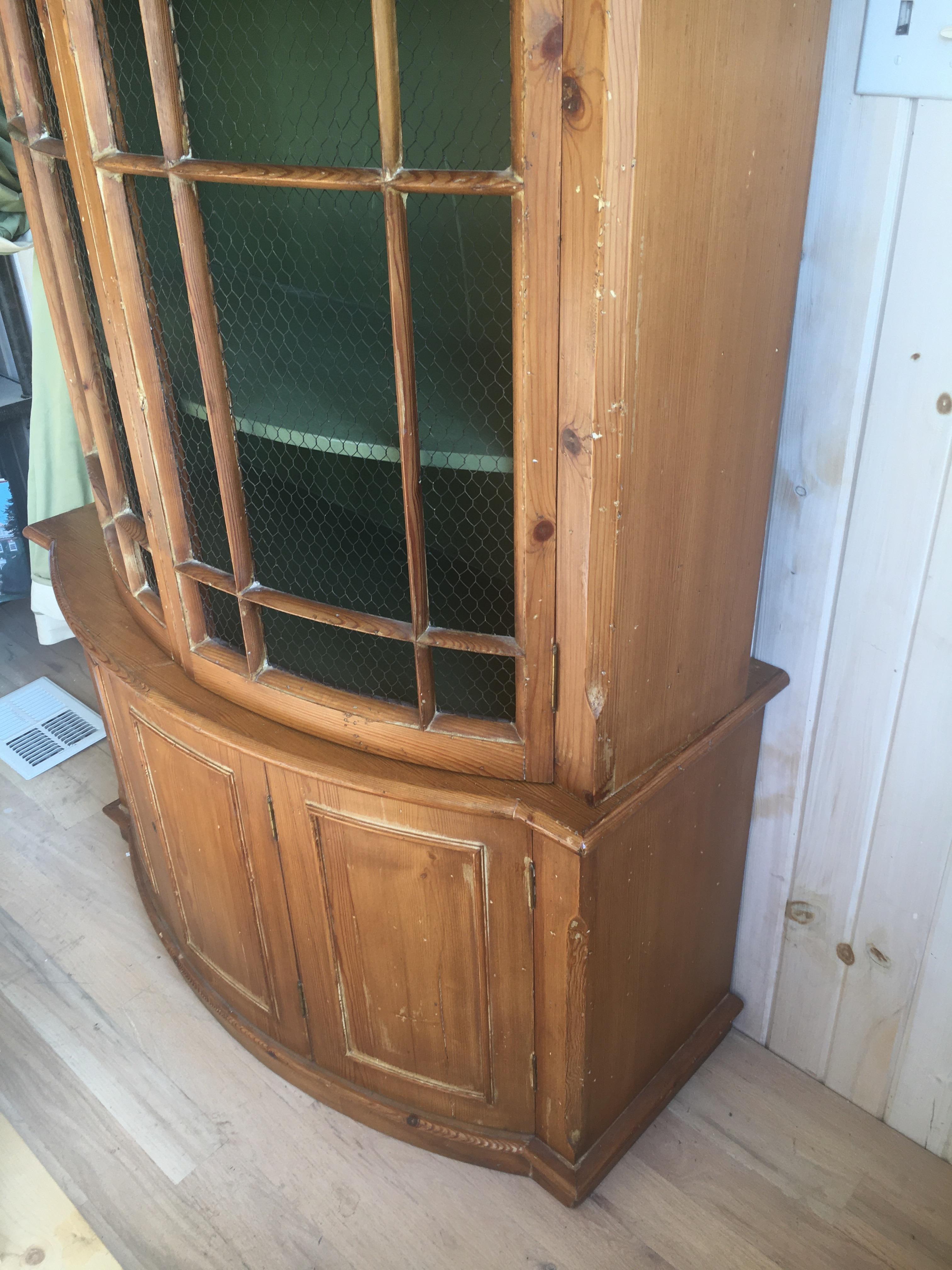 20th Century Handsome English Pine Two-Door Cabinet with Wire Mesh on Upper Doors Nice Patina