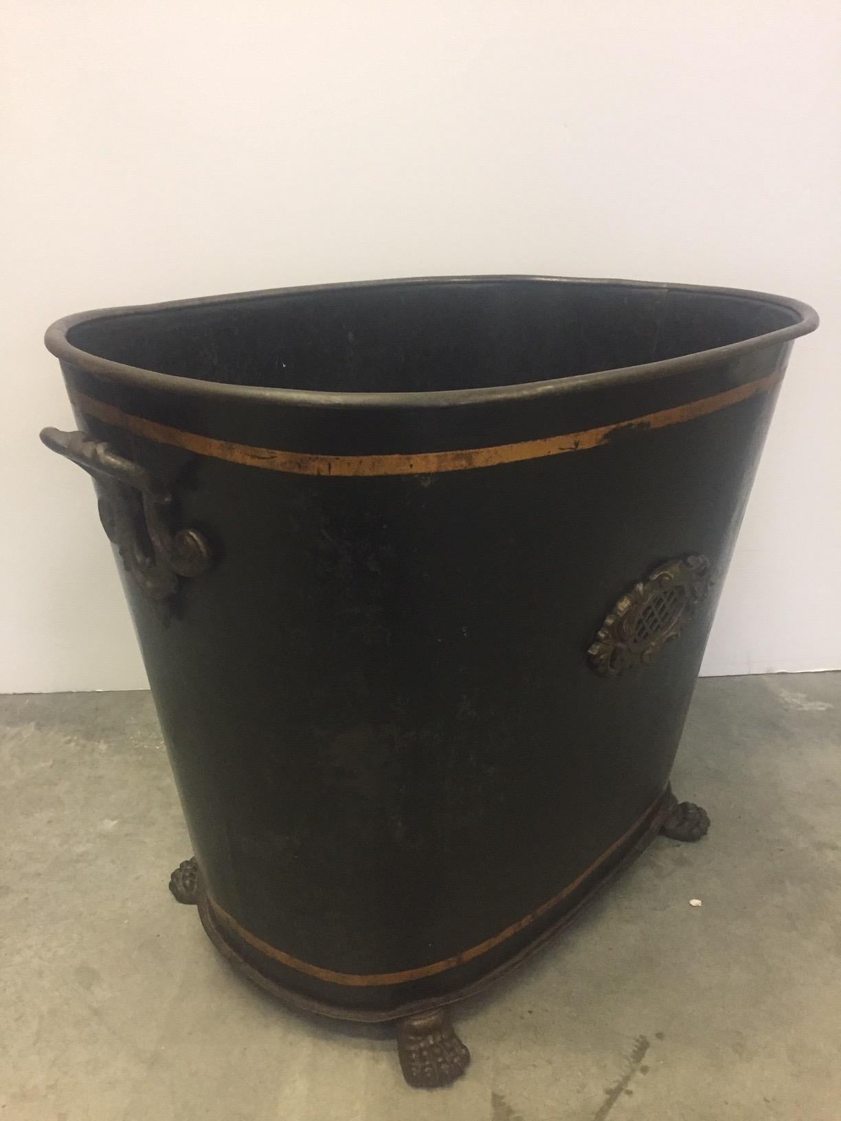 Handsome English Tole Black and Gold Kindling or Magazine Bucket 5