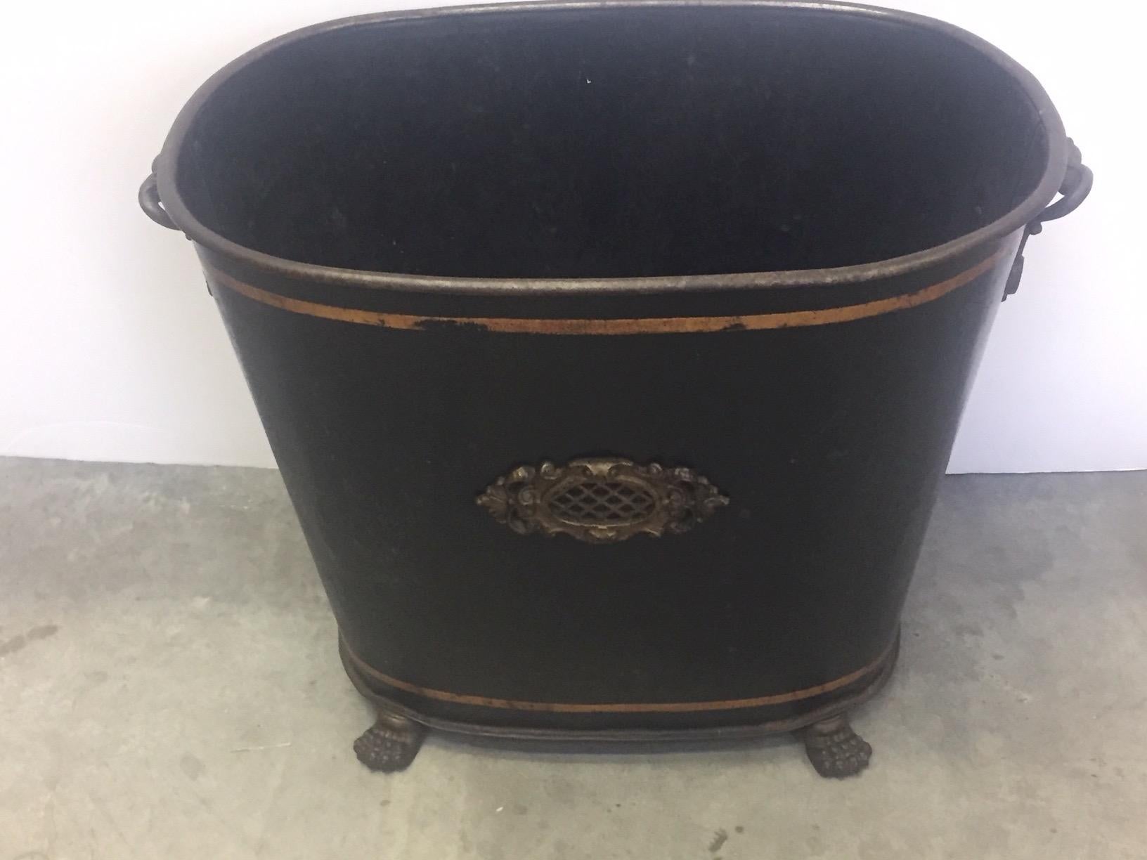 Metal Handsome English Tole Black and Gold Kindling or Magazine Bucket