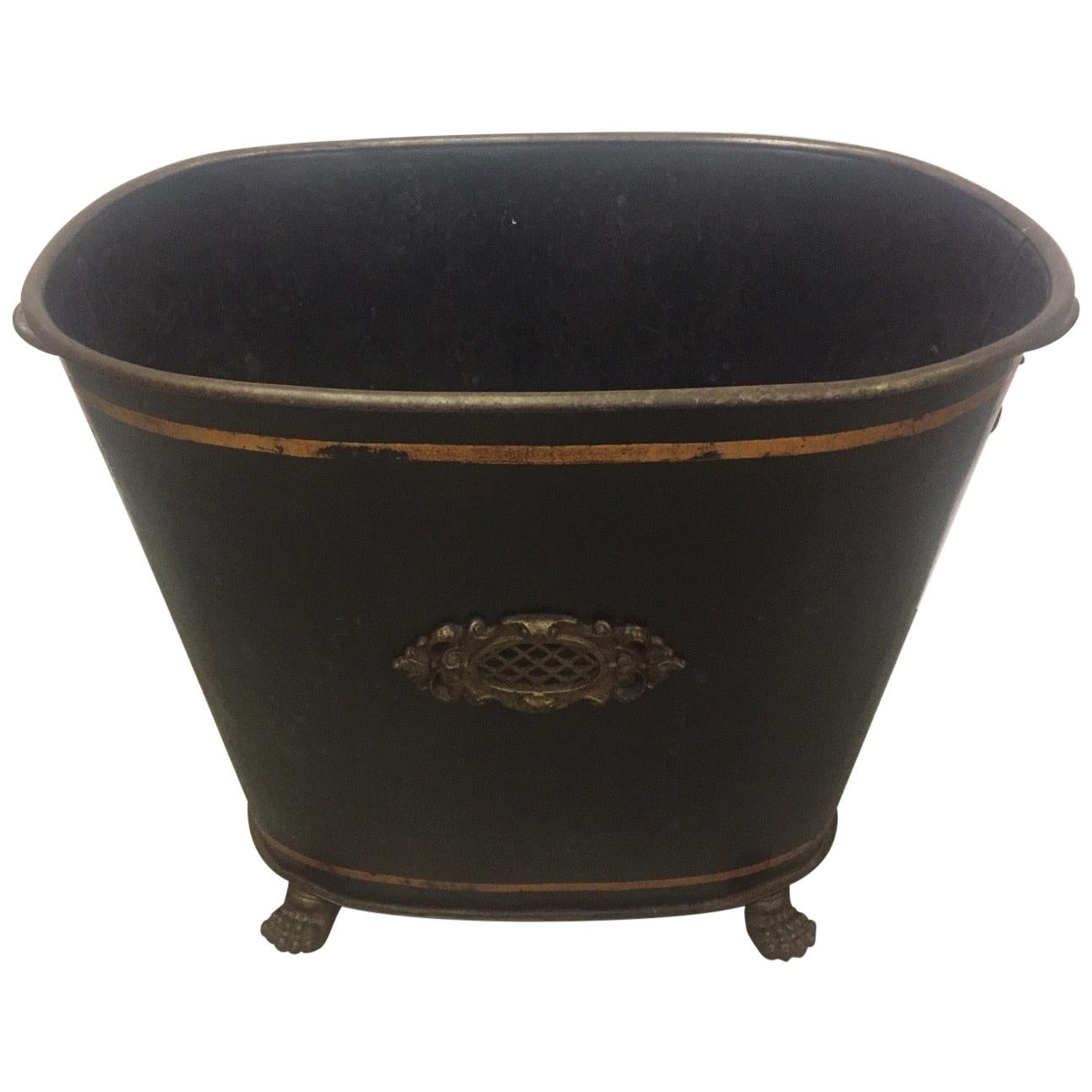 Handsome English Tole Black and Gold Kindling or Magazine Bucket