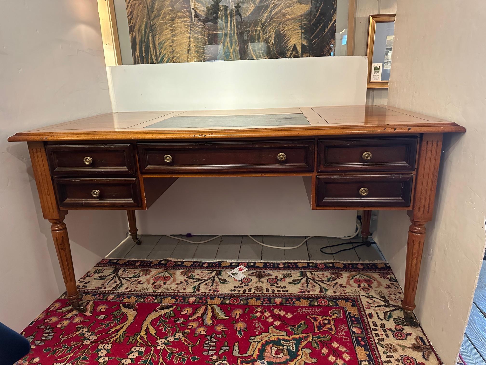British Handsome English Vintage Fruitwood Writing Desk with Leather Blotter For Sale