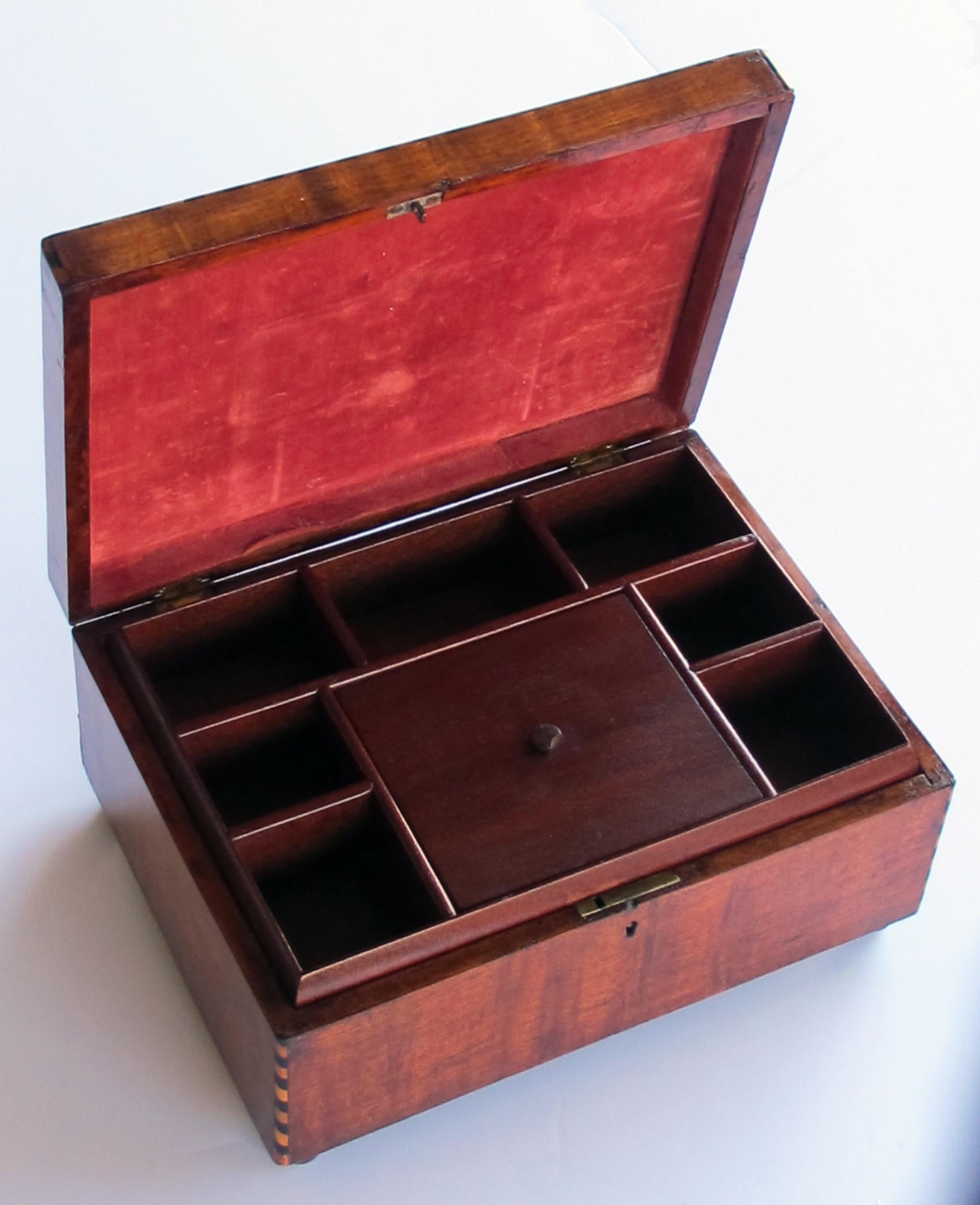 A handsome and warmly-patinated English William IV mahogany dressing box with tumbling block inlay; perfect for jewelry or men's accessories this rectangular box with intricate 'tumbling block' inlay on the lid; with alternating walnut and ebony