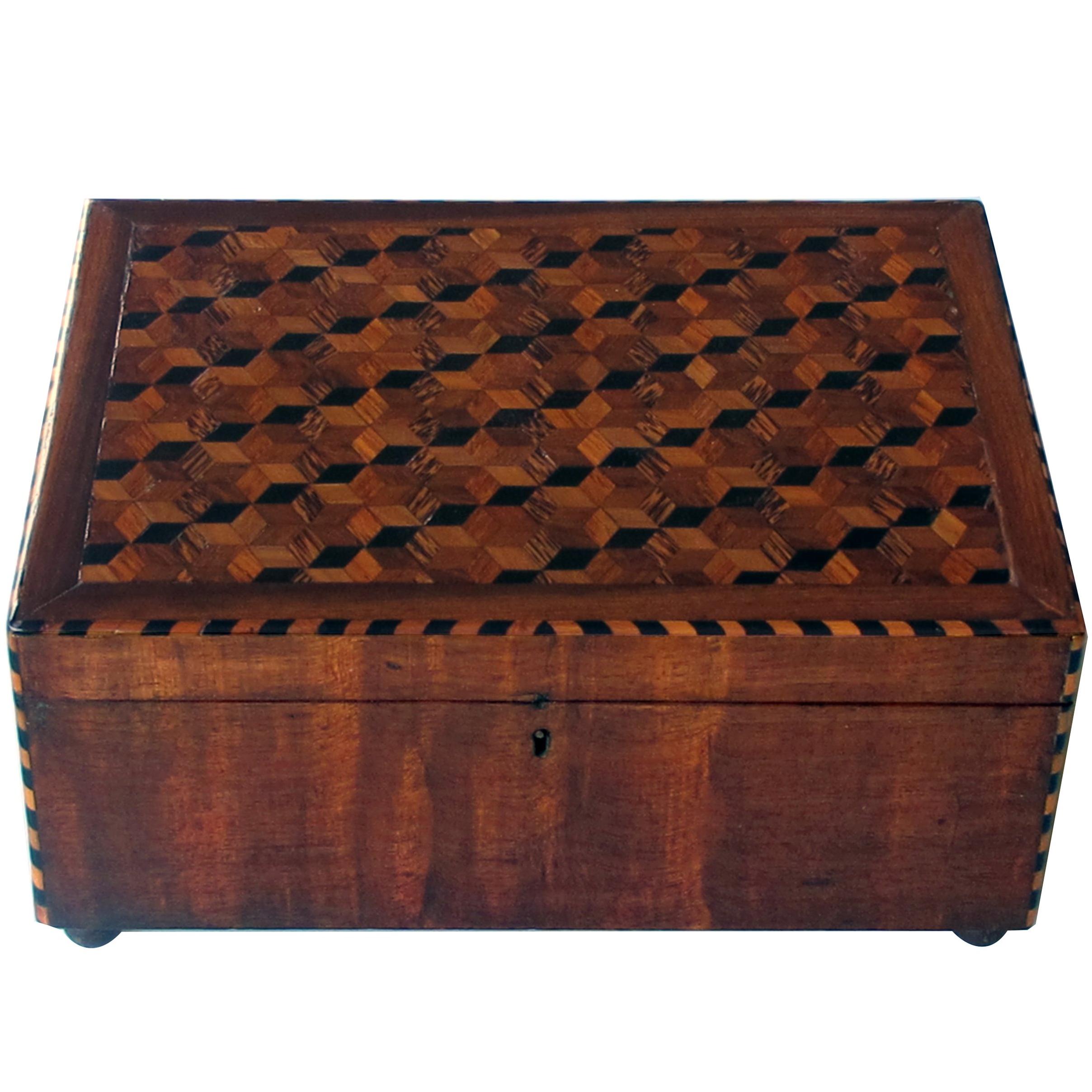 Handsome English William IV Mahogany Dressing Box with Tumbling Block Inlay