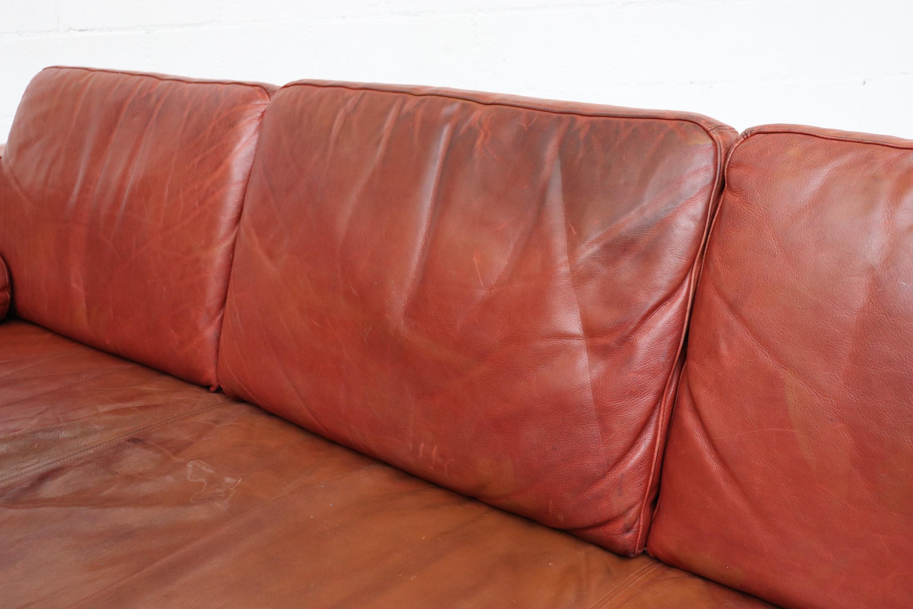 Mid-Century Modern Handsome Extra Long Knoll Style Leather Sofa