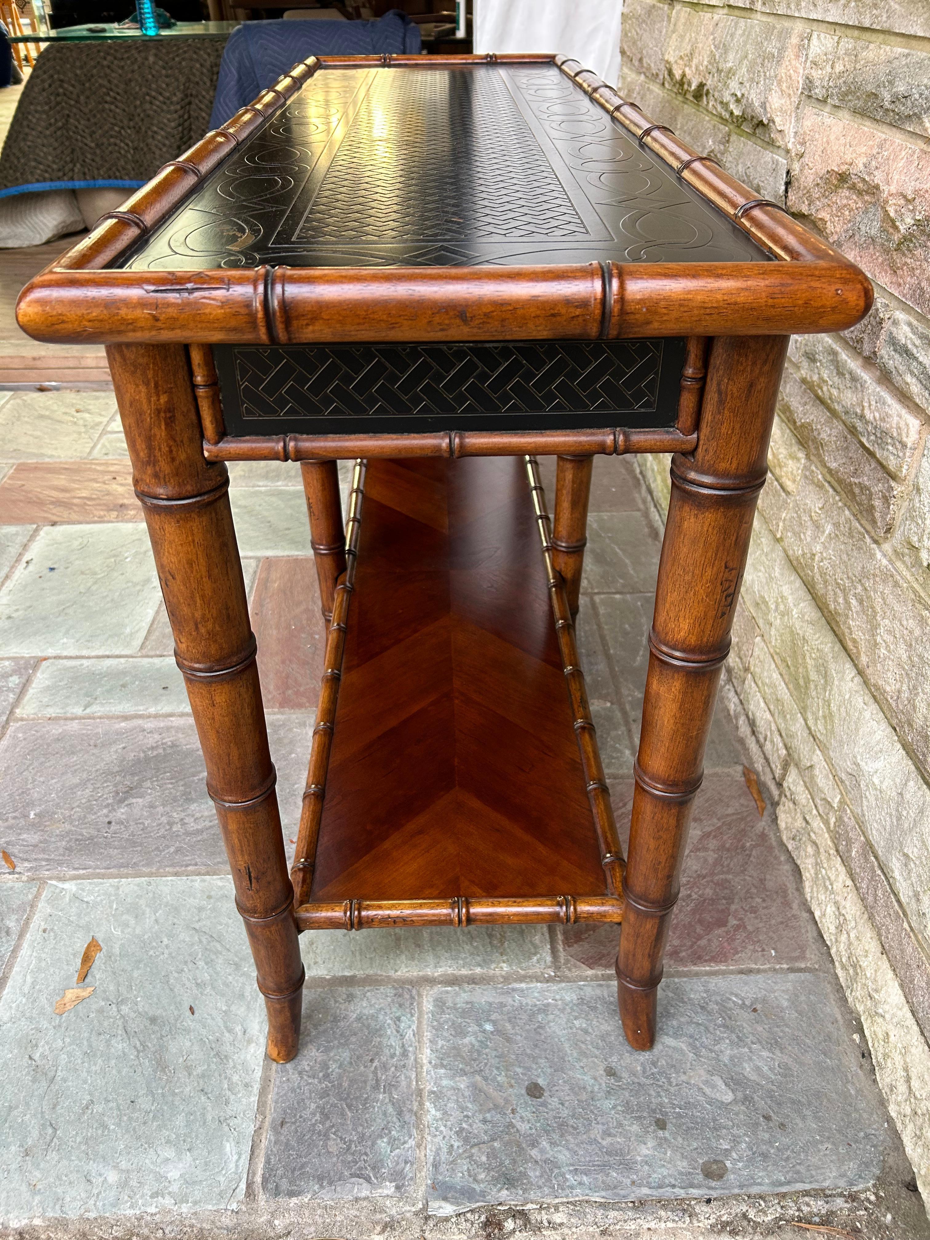 Embossed Handsome Faux Bamboo 2 Tier Console Table Mid-Century Modern For Sale