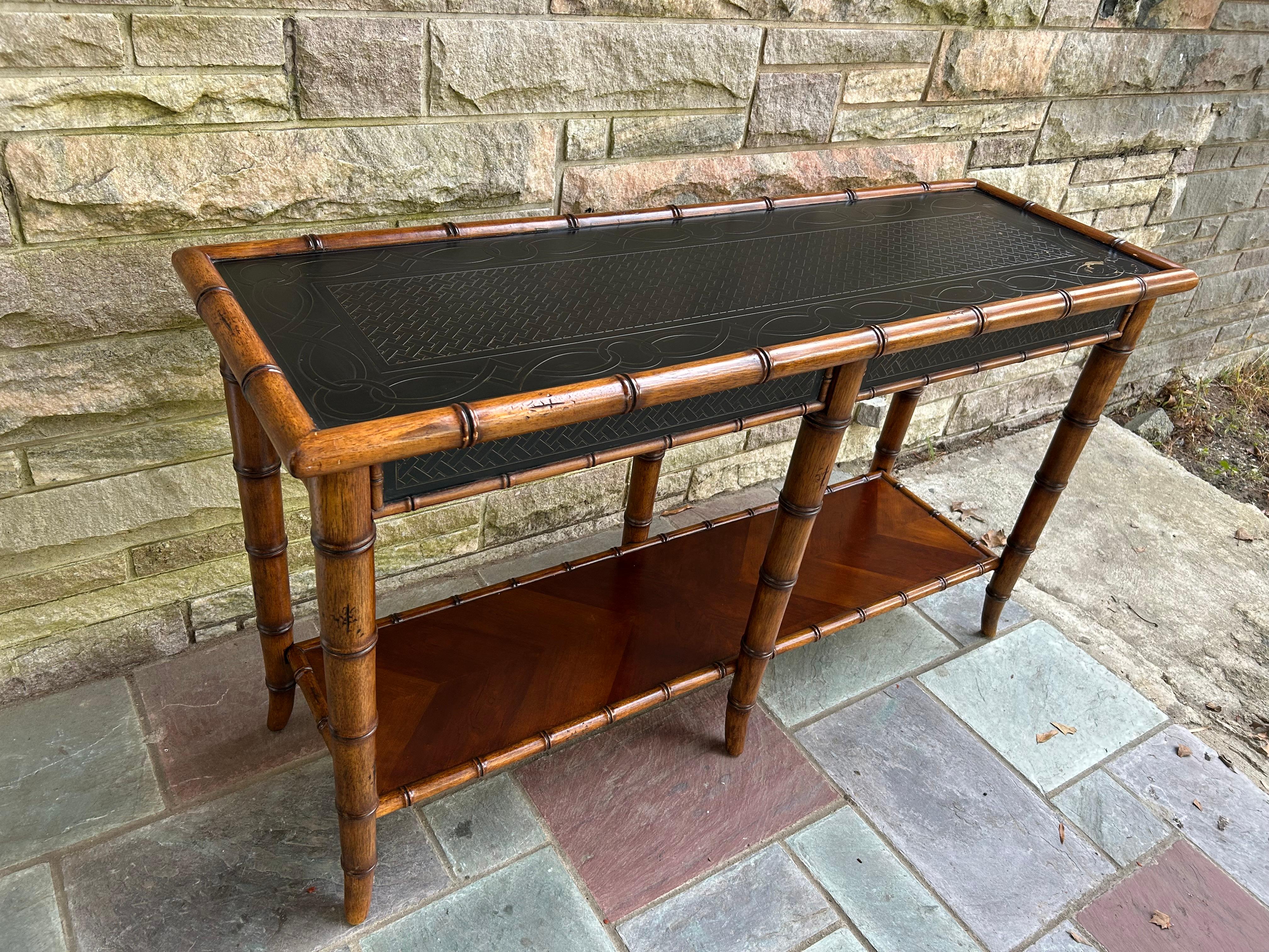 Metal Handsome Faux Bamboo 2 Tier Console Table Mid-Century Modern For Sale