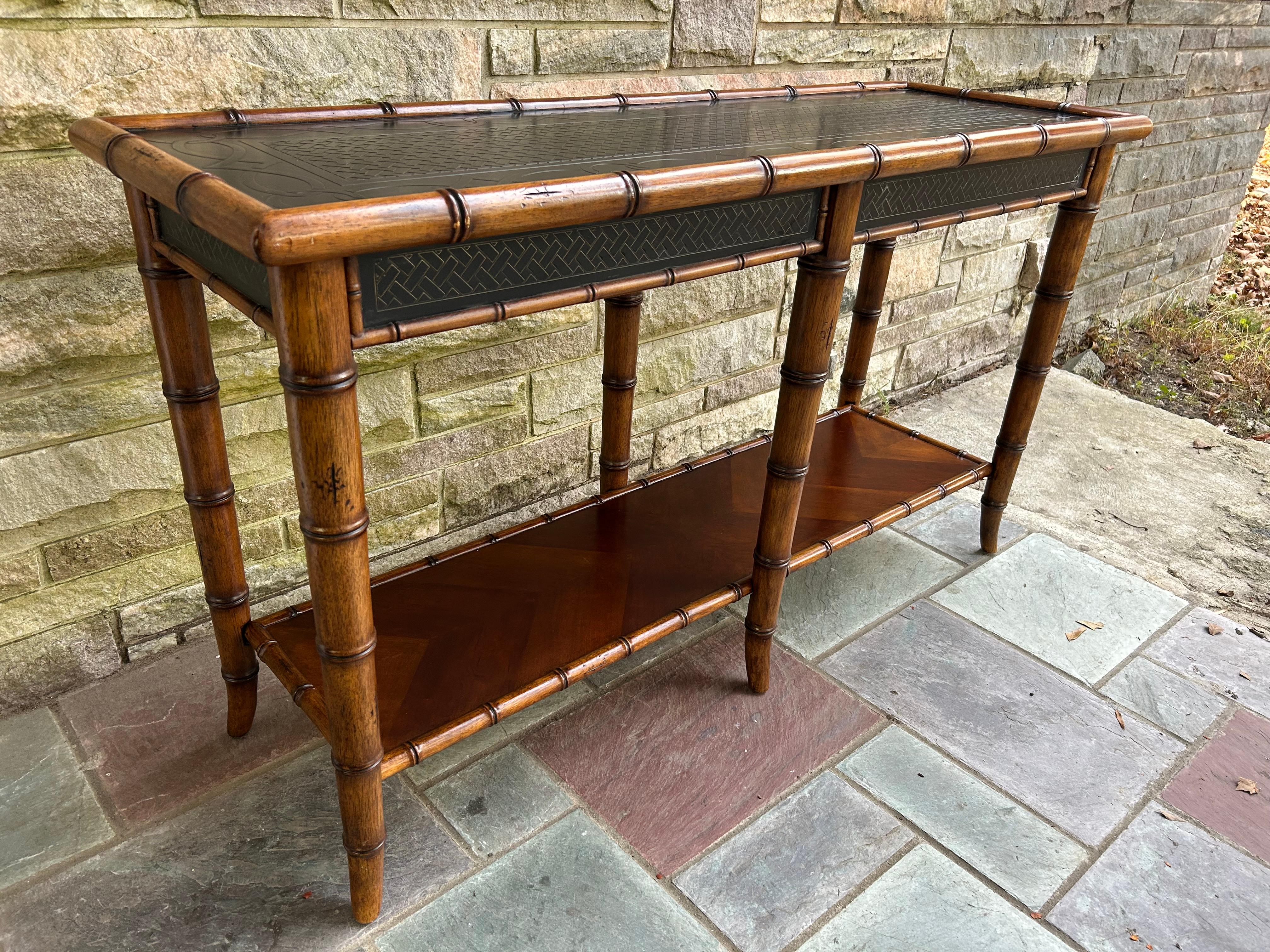 Handsome Faux Bamboo 2 Tier Console Table Mid-Century Modern For Sale 1