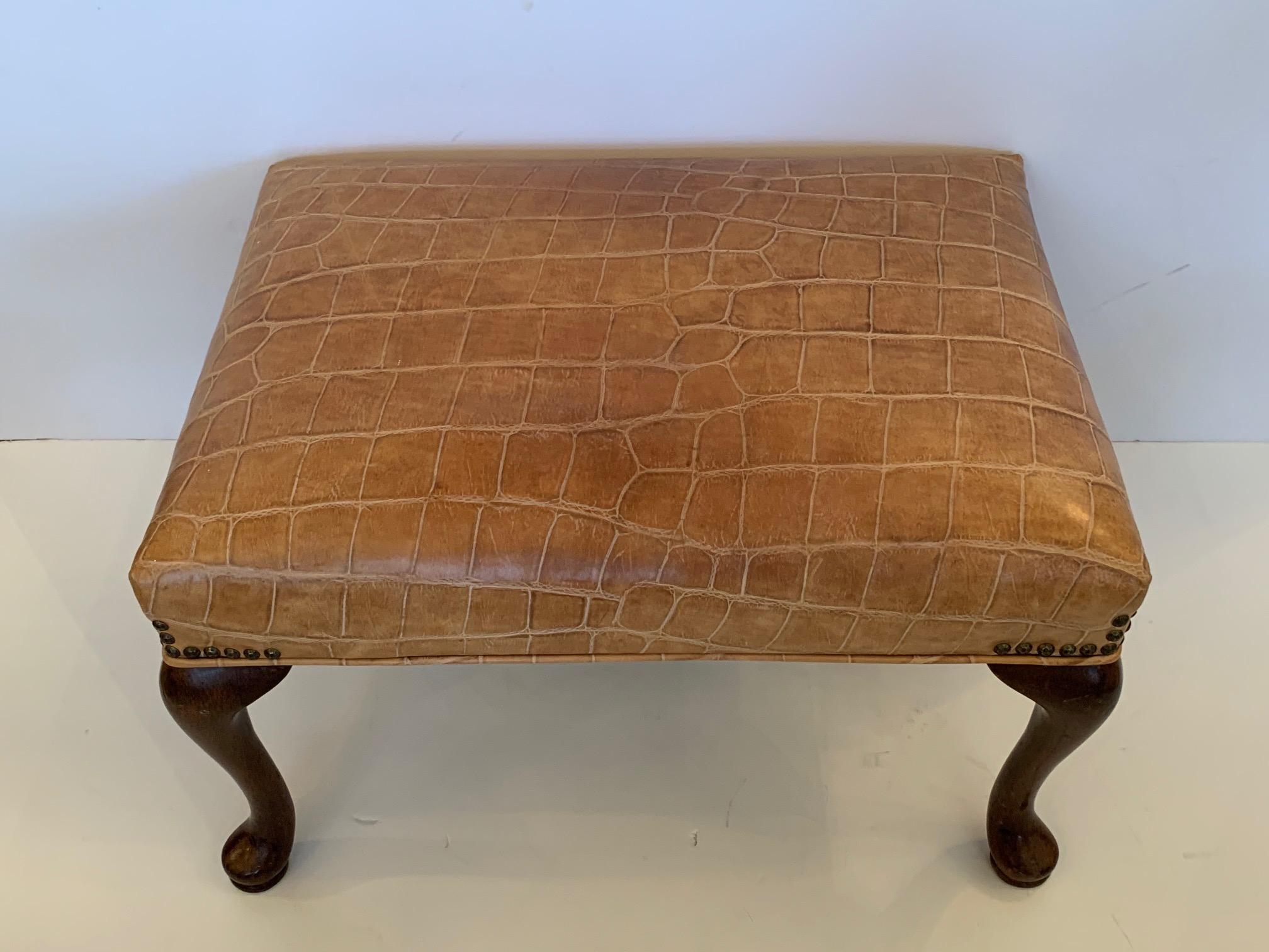 Mid-20th Century Handsome Faux Crocodile Embossed Leather Ottoman Bench