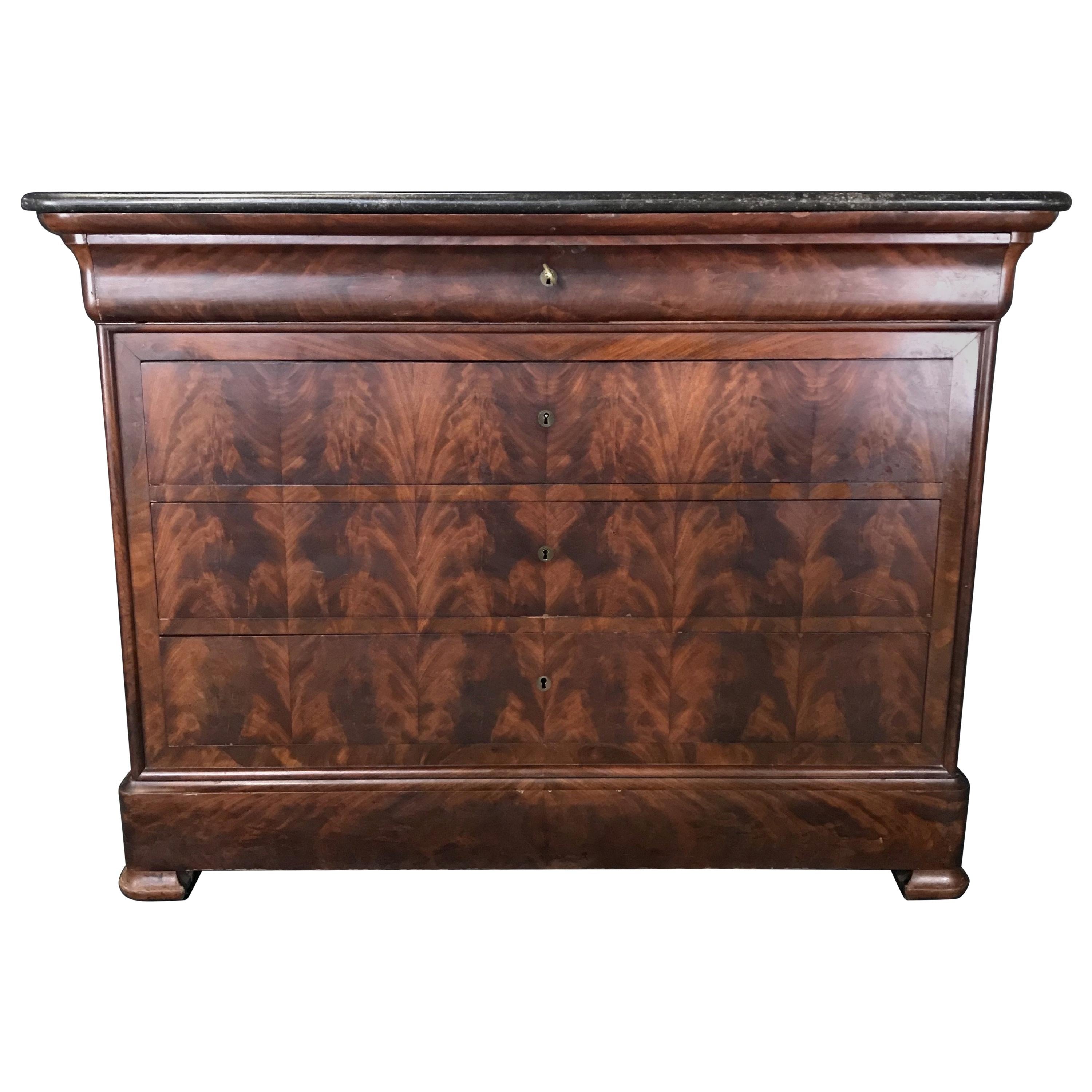 Handsome French Empire Marble-Top Burled Walnut Chest of Drawers