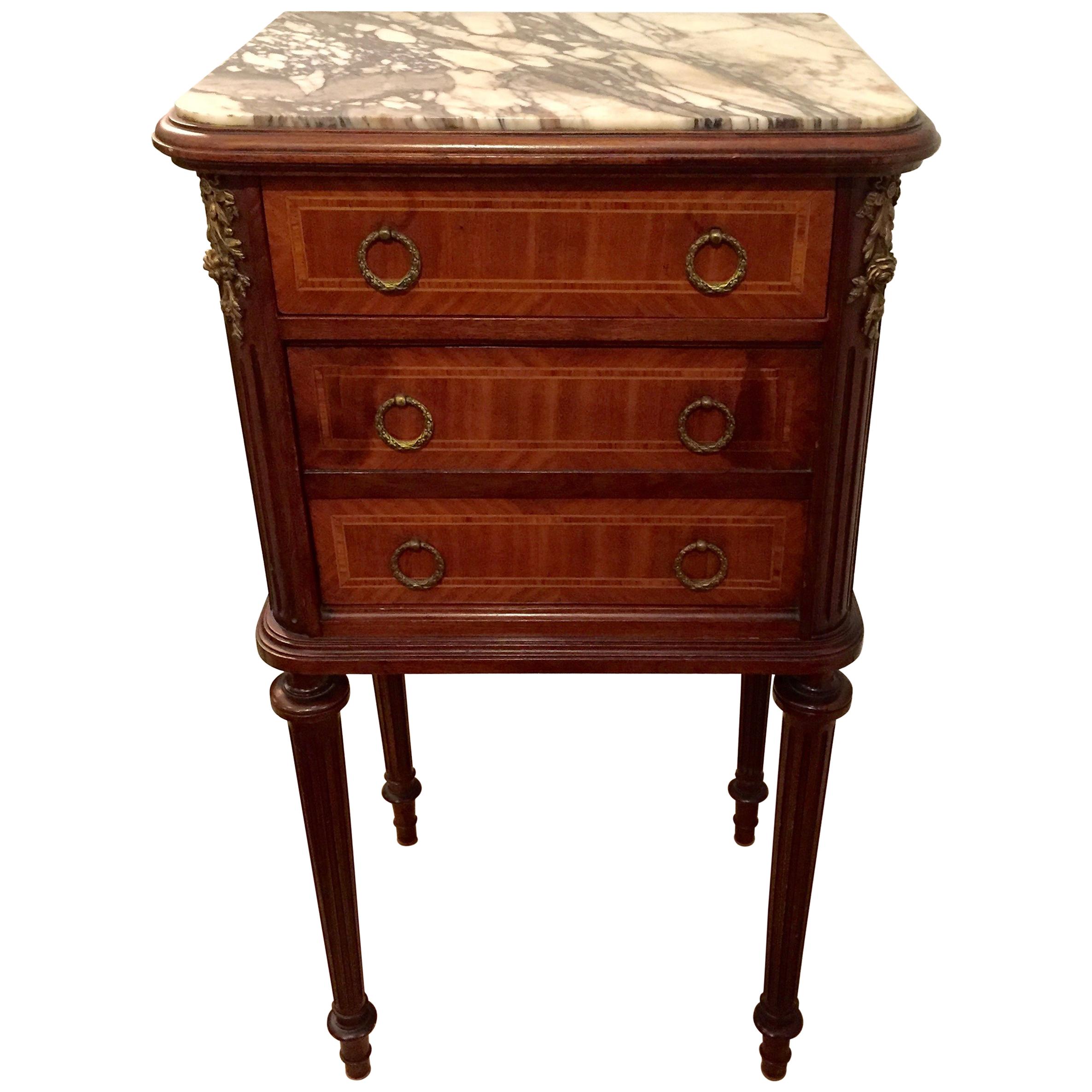 Handsome French Mahogany and Marble Nightstand End Table