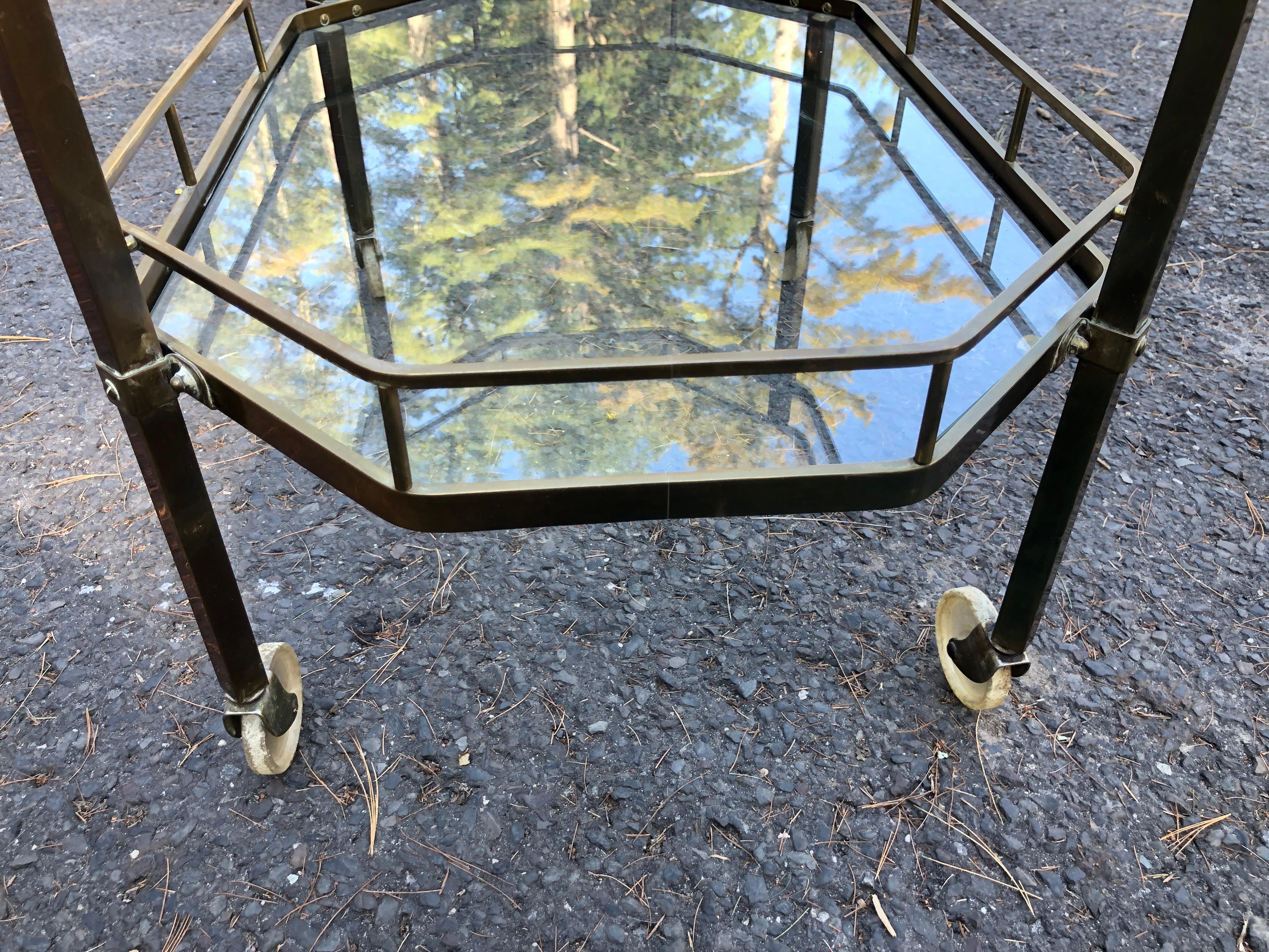 Handsome French Octagonal Brass Rolling Bar Cart Mid-Century Modern For Sale 6