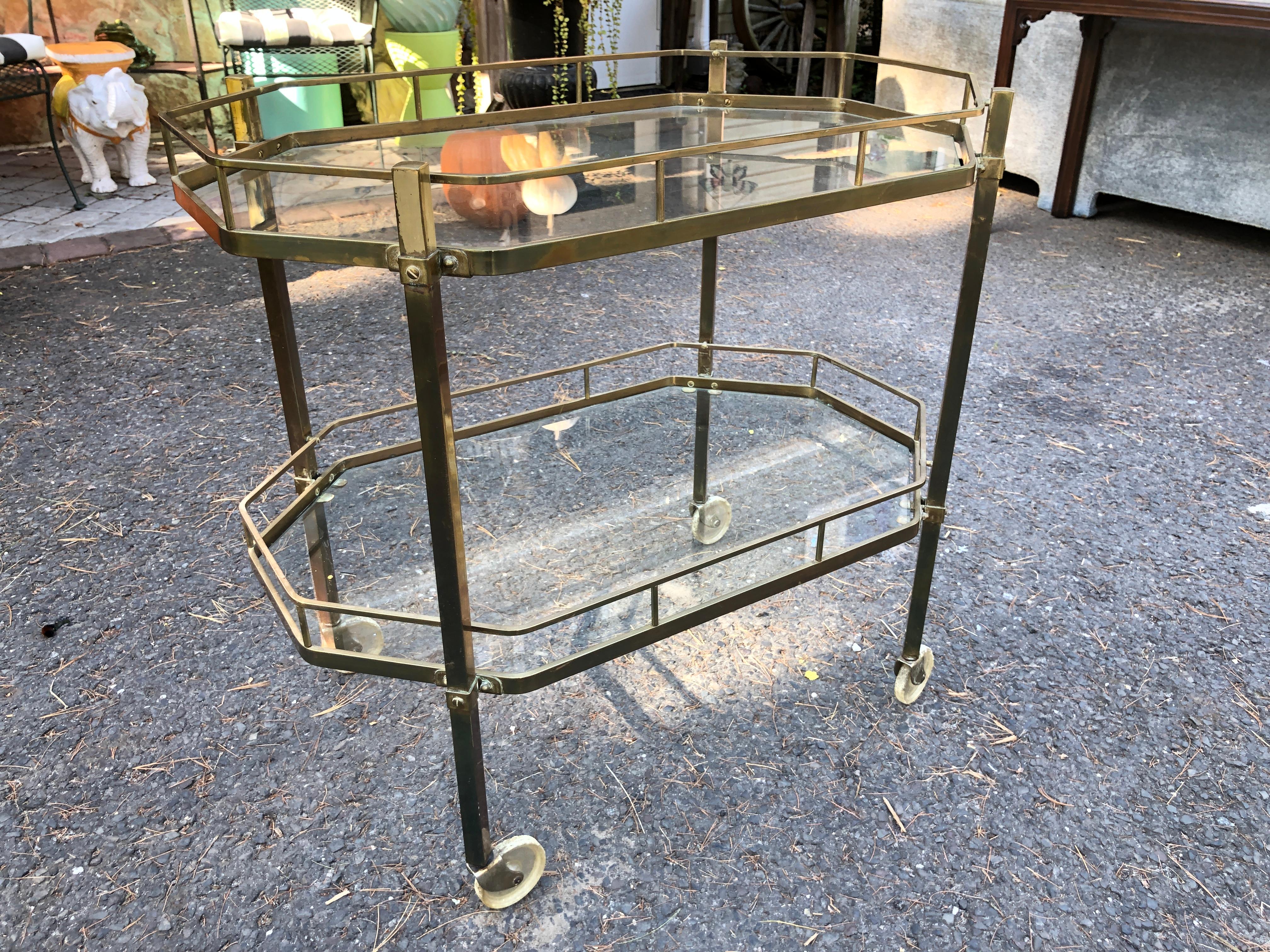 Handsome French Octagonal Brass Rolling Bar Cart Mid-Century Modern For Sale 10