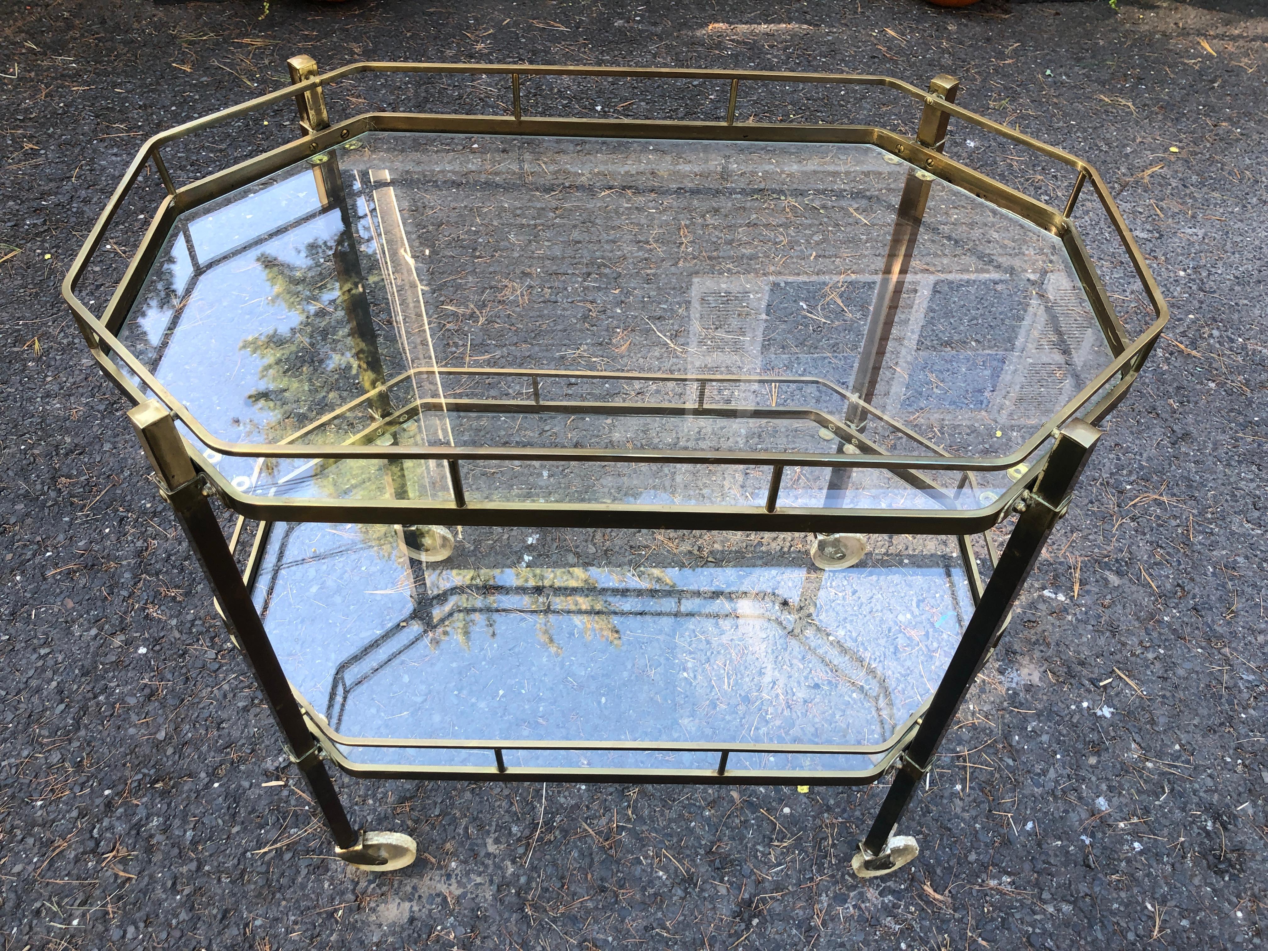 Handsome French Octagonal Brass Rolling Bar Cart Mid-Century Modern For Sale 12