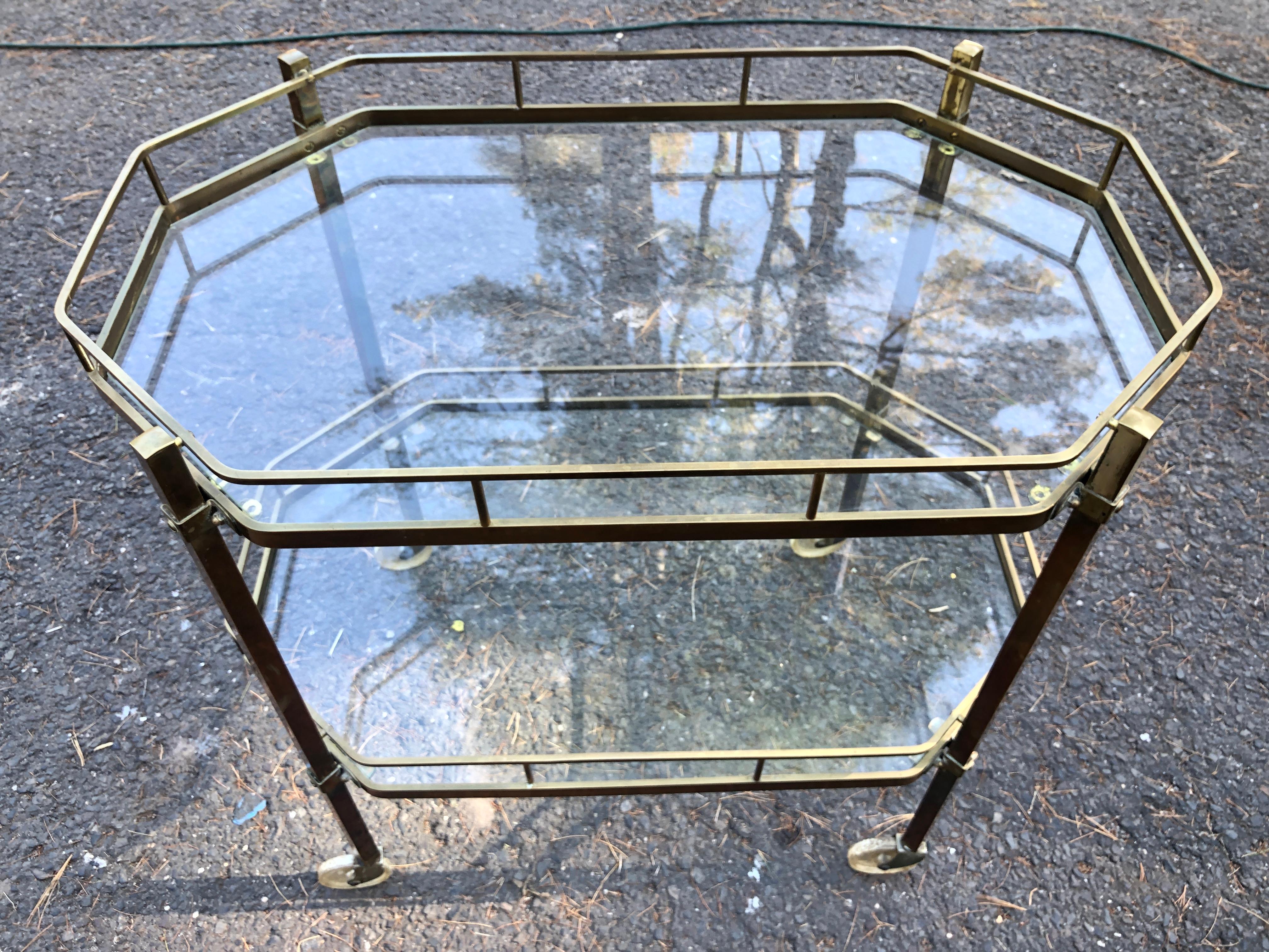 Handsome French Octagonal Brass Rolling Bar Cart Mid-Century Modern In Good Condition For Sale In Pemberton, NJ