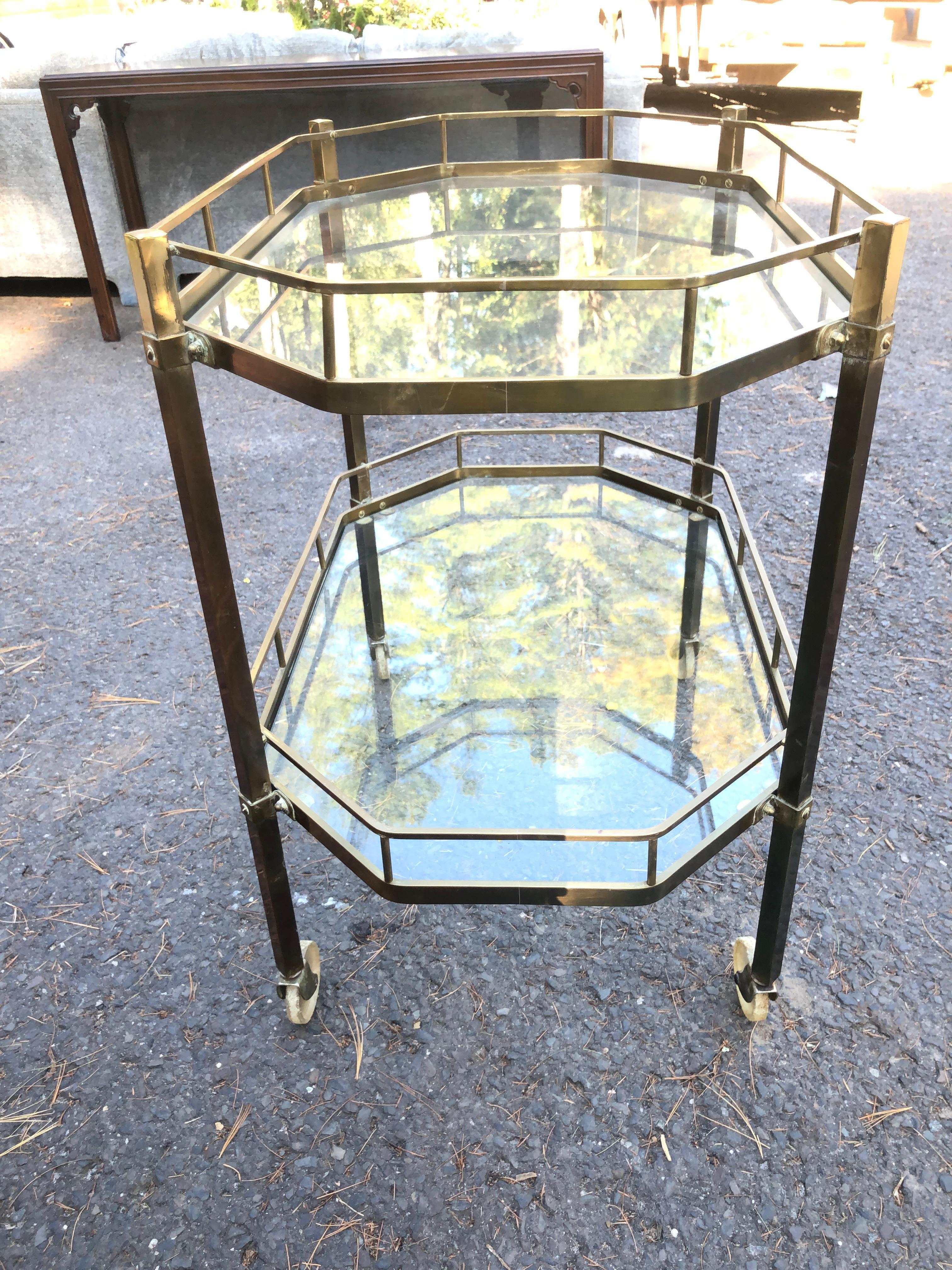 Handsome French Octagonal Brass Rolling Bar Cart Mid-Century Modern For Sale 3