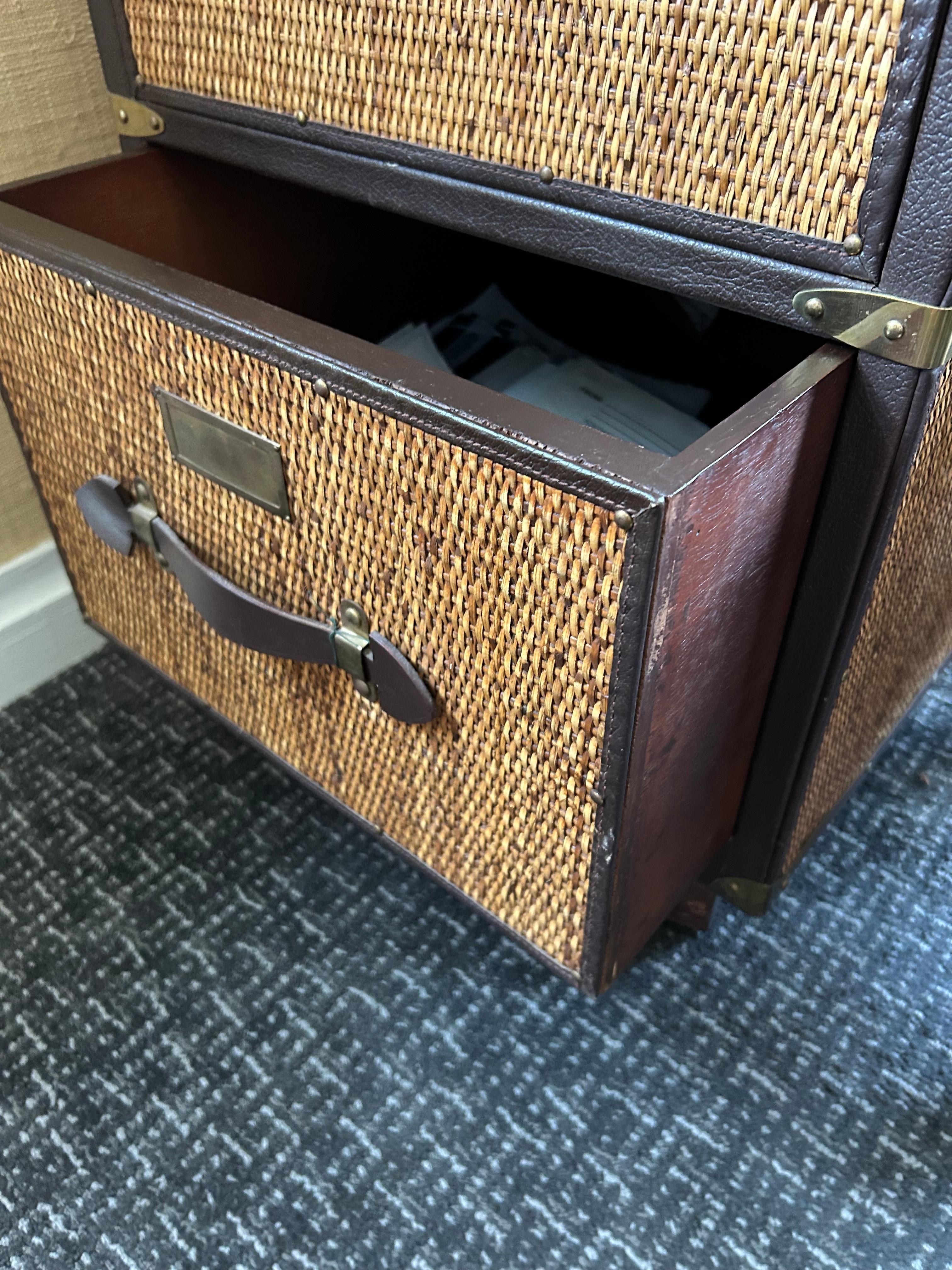 Handsome Functional File Cabinet With Woven Rattan & Leather 1