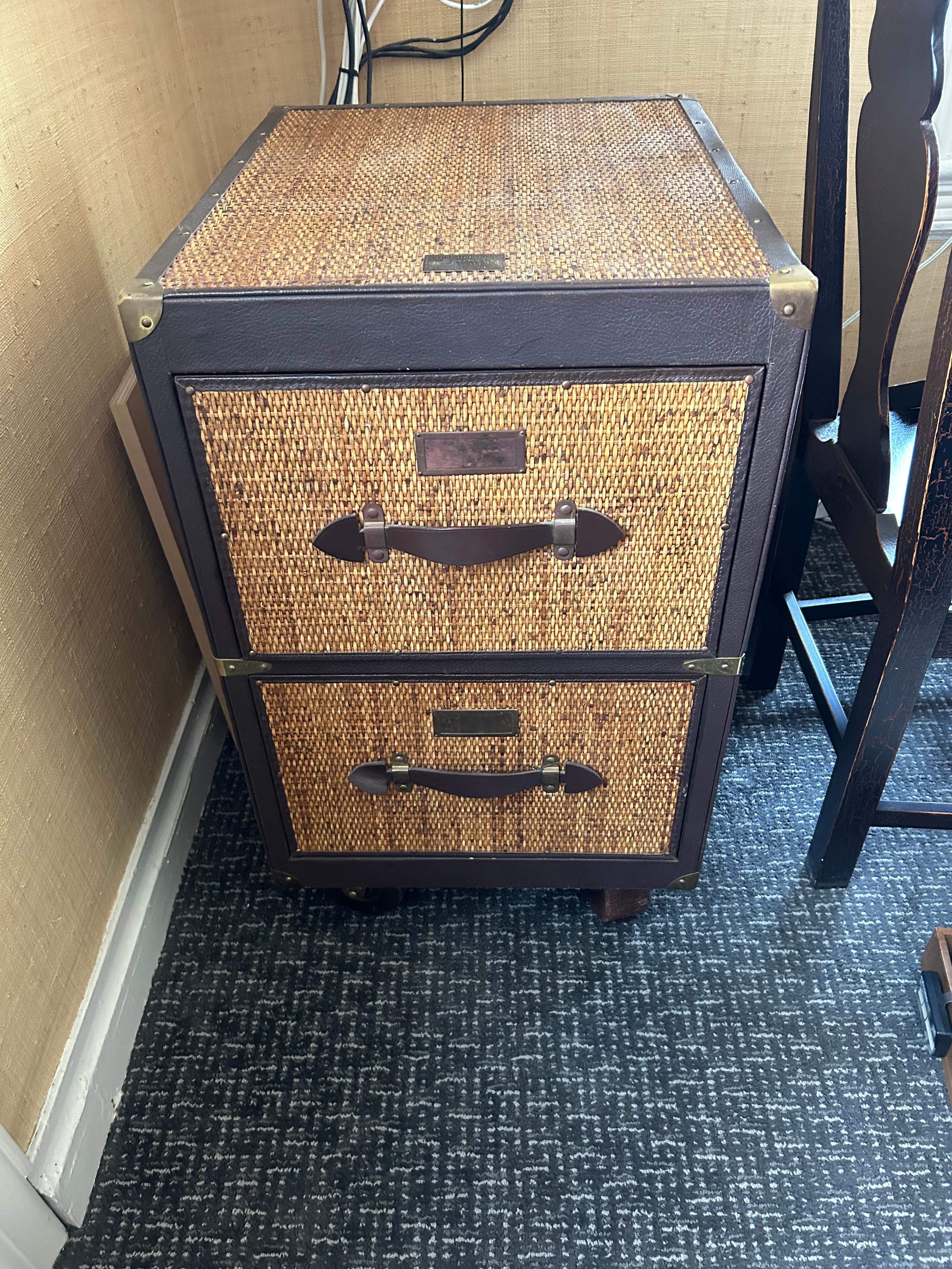 Contemporary Handsome Functional File Cabinet With Woven Rattan & Leather