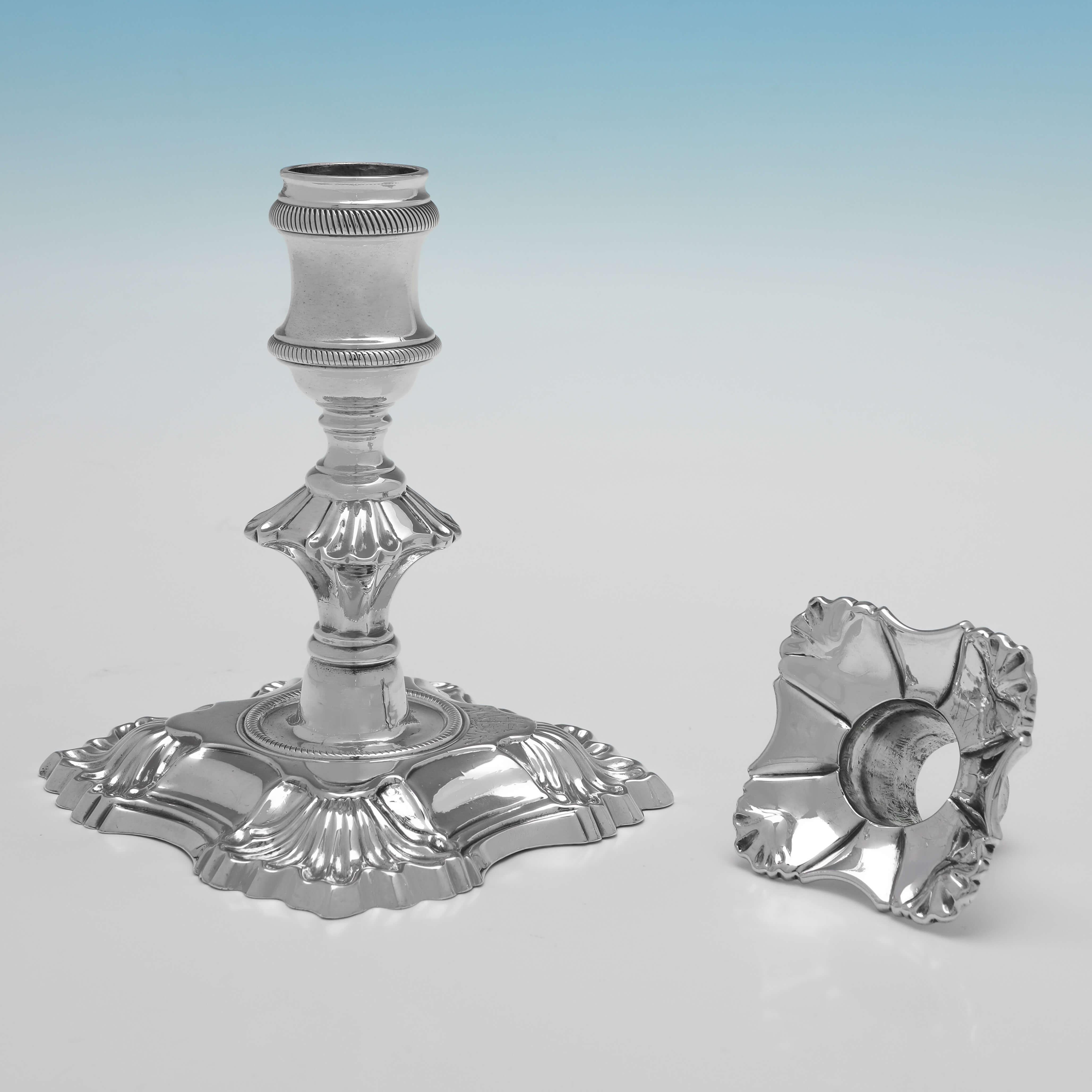 English Handsome George II Pair of Small Cast 4 Shell Sterling Silver Candlesticks, 1756 For Sale