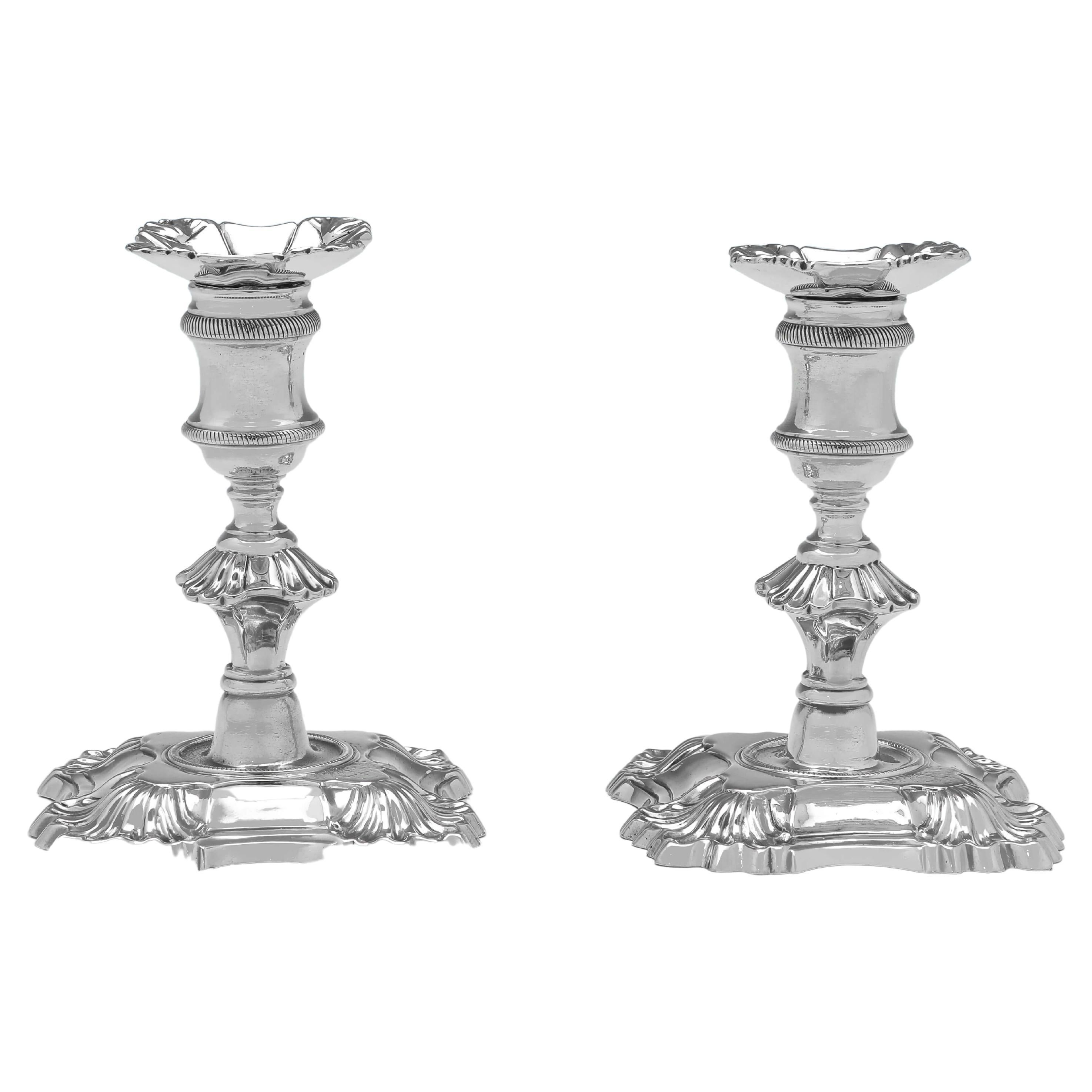 Handsome George II Pair of Small Cast 4 Shell Sterling Silver Candlesticks, 1756 For Sale