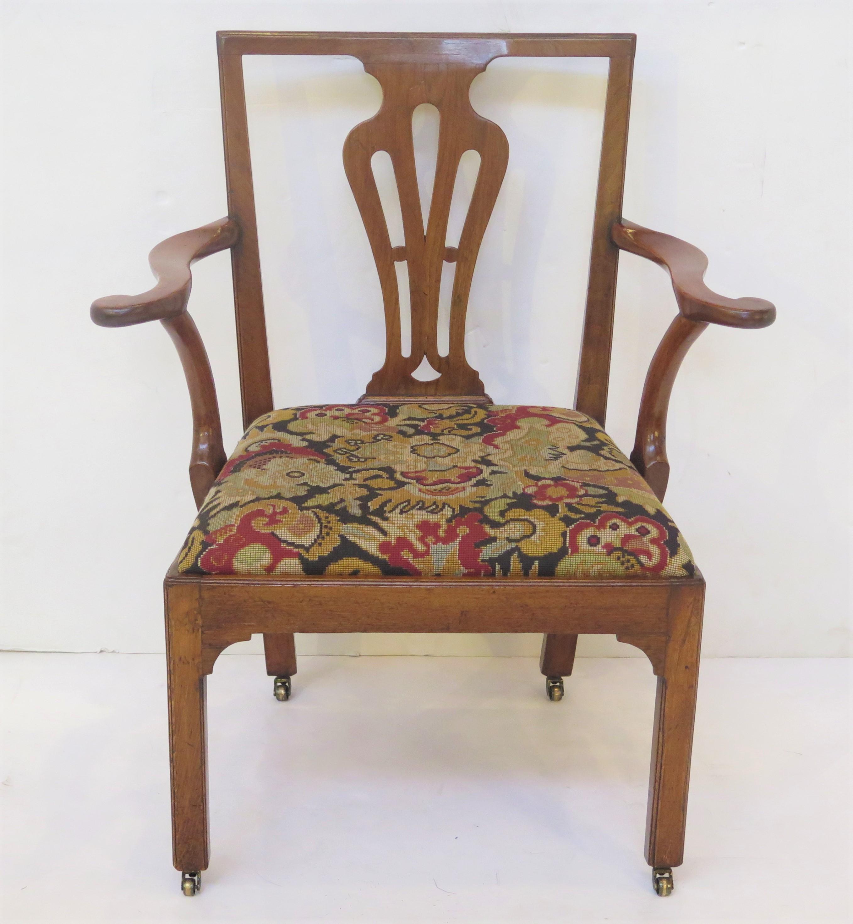 Handsome Georgian Armchair / Desk Chair of Walnut with Needlework Seat For Sale 11