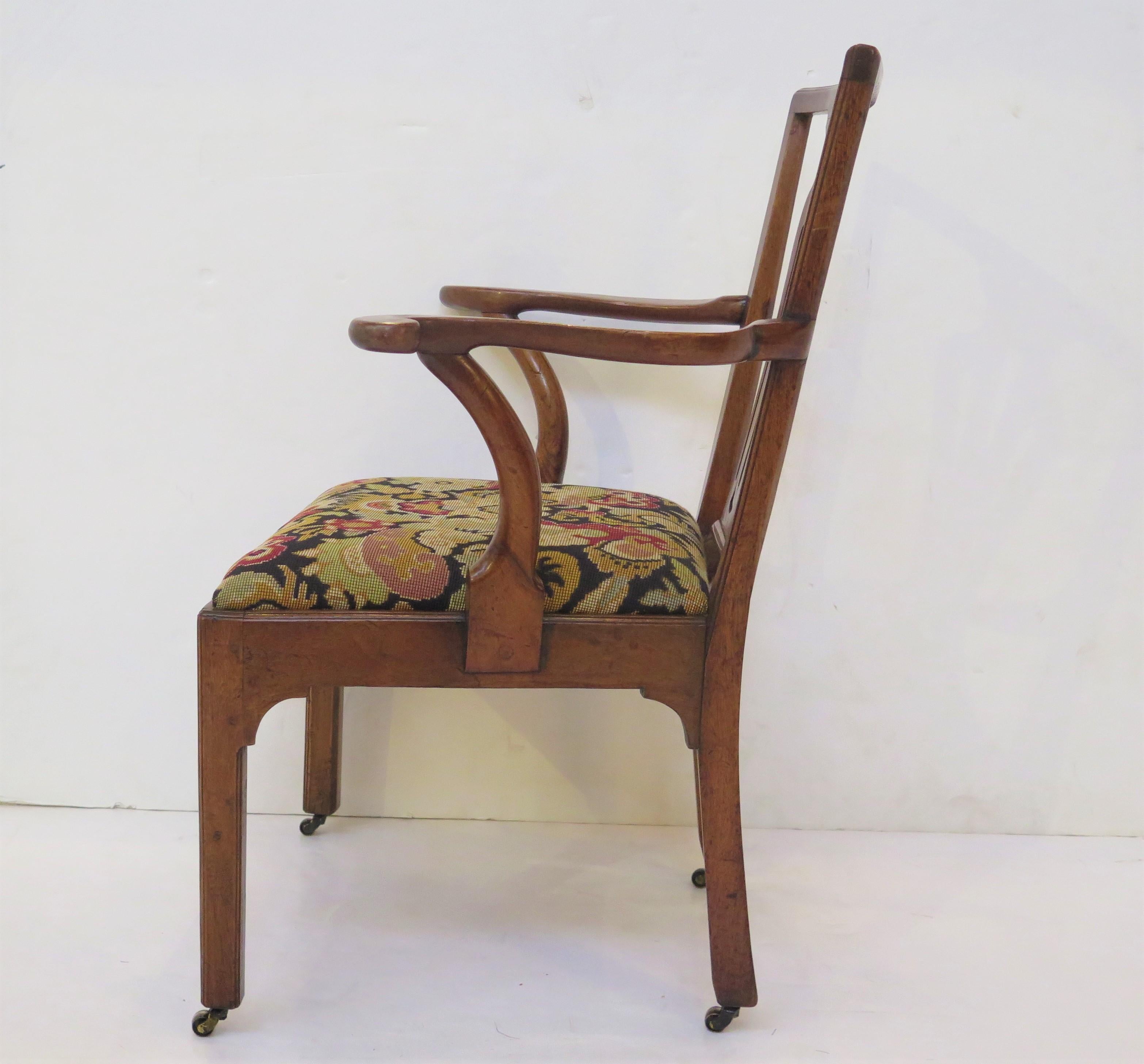 English Handsome Georgian Armchair / Desk Chair of Walnut with Needlework Seat For Sale