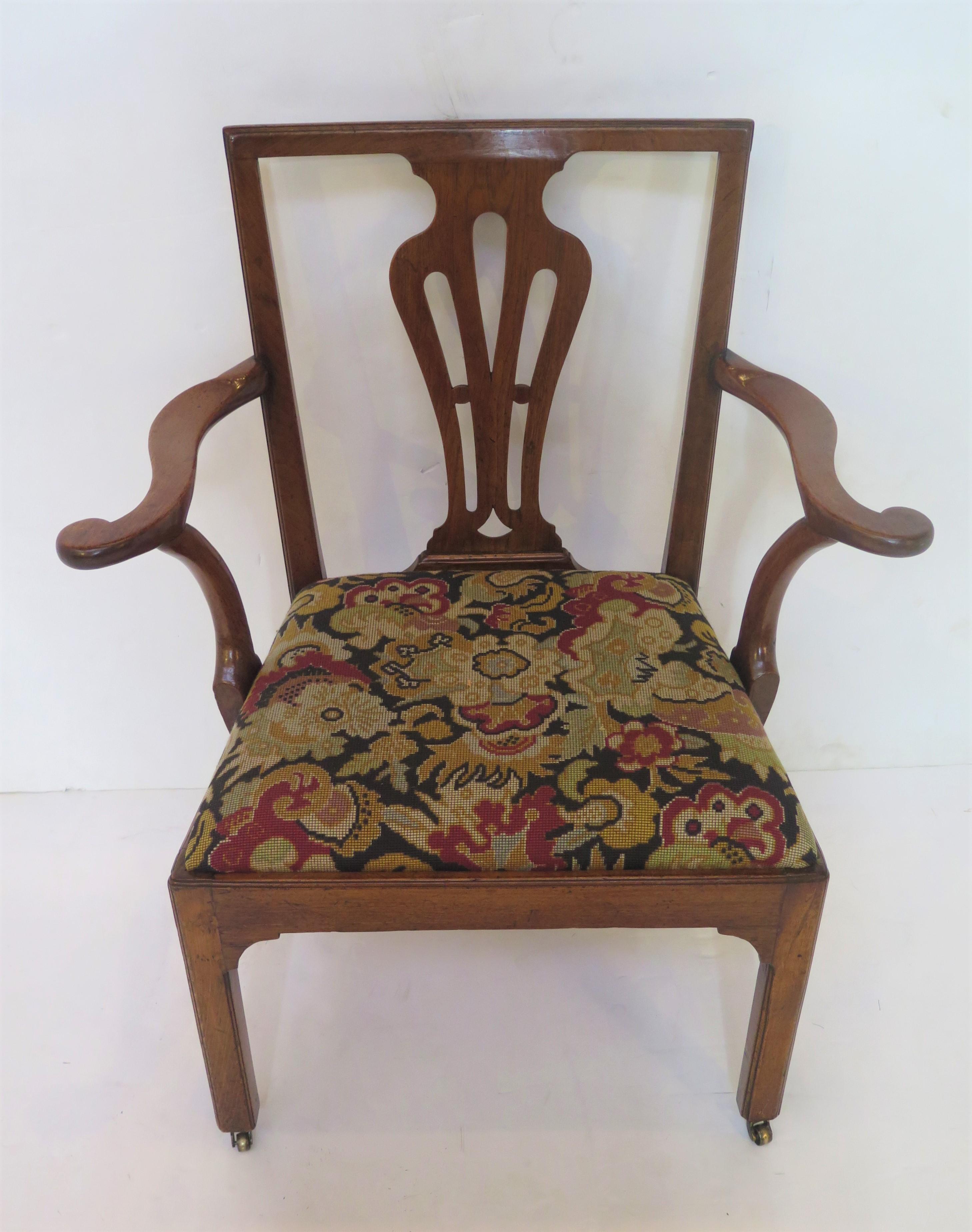18th Century and Earlier Handsome Georgian Armchair / Desk Chair of Walnut with Needlework Seat For Sale