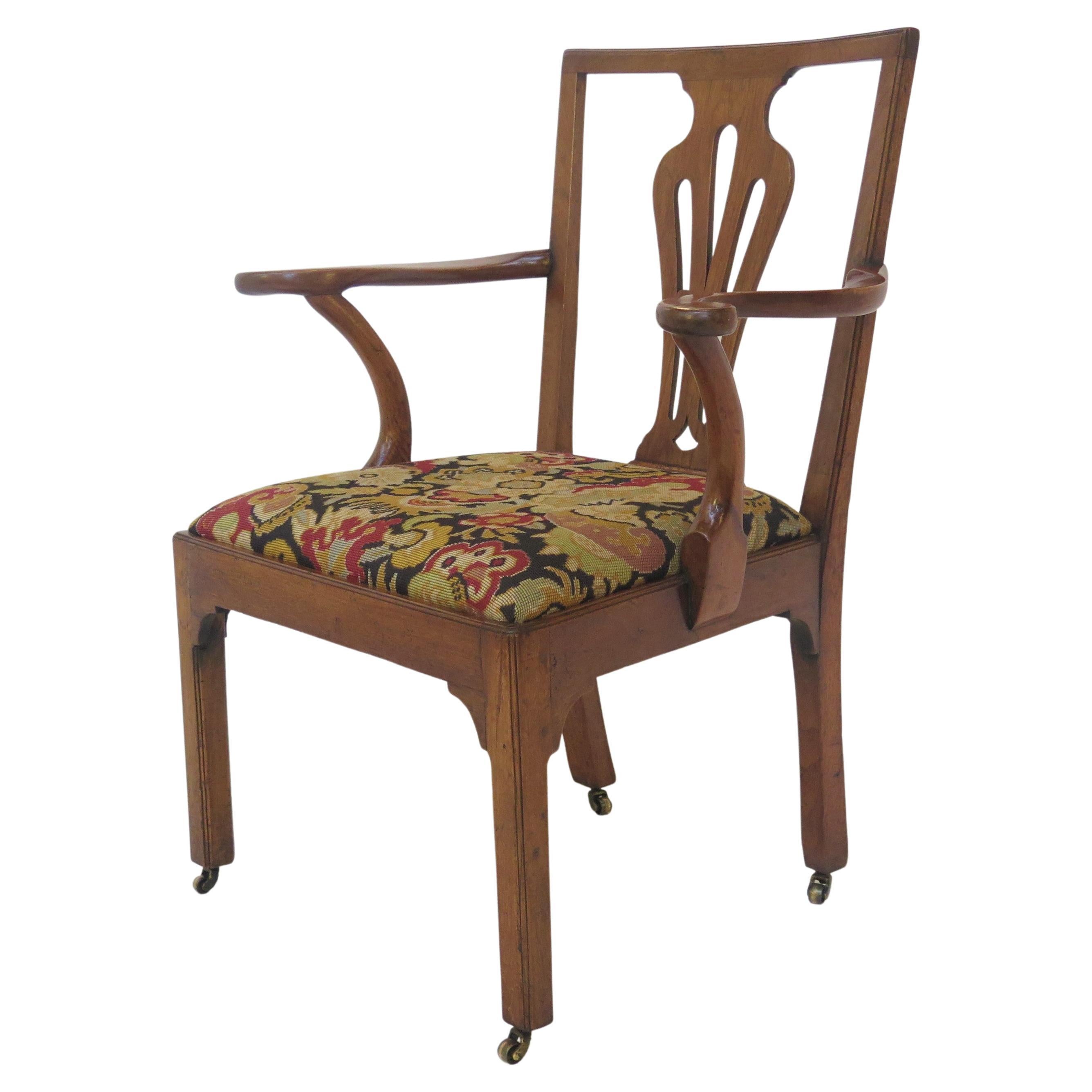 Handsome Georgian Armchair / Desk Chair of Walnut with Needlework Seat For Sale