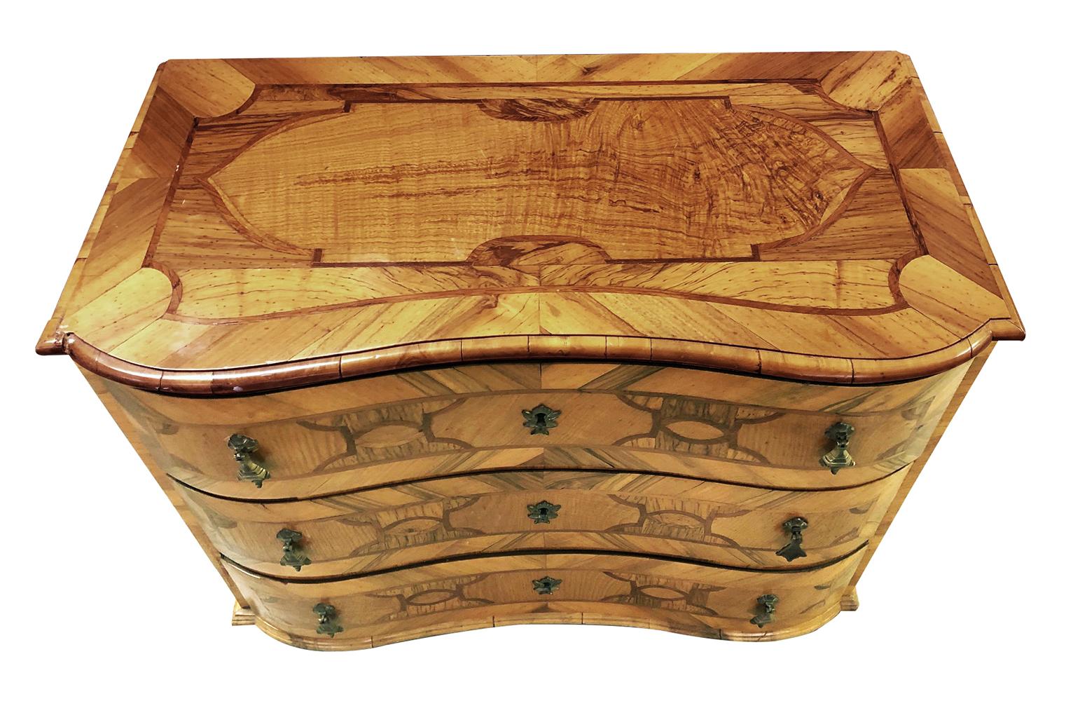 Carved Handsome German Baroque Style Reverse-Serpentine Parquetry 3-Drawer Chest For Sale