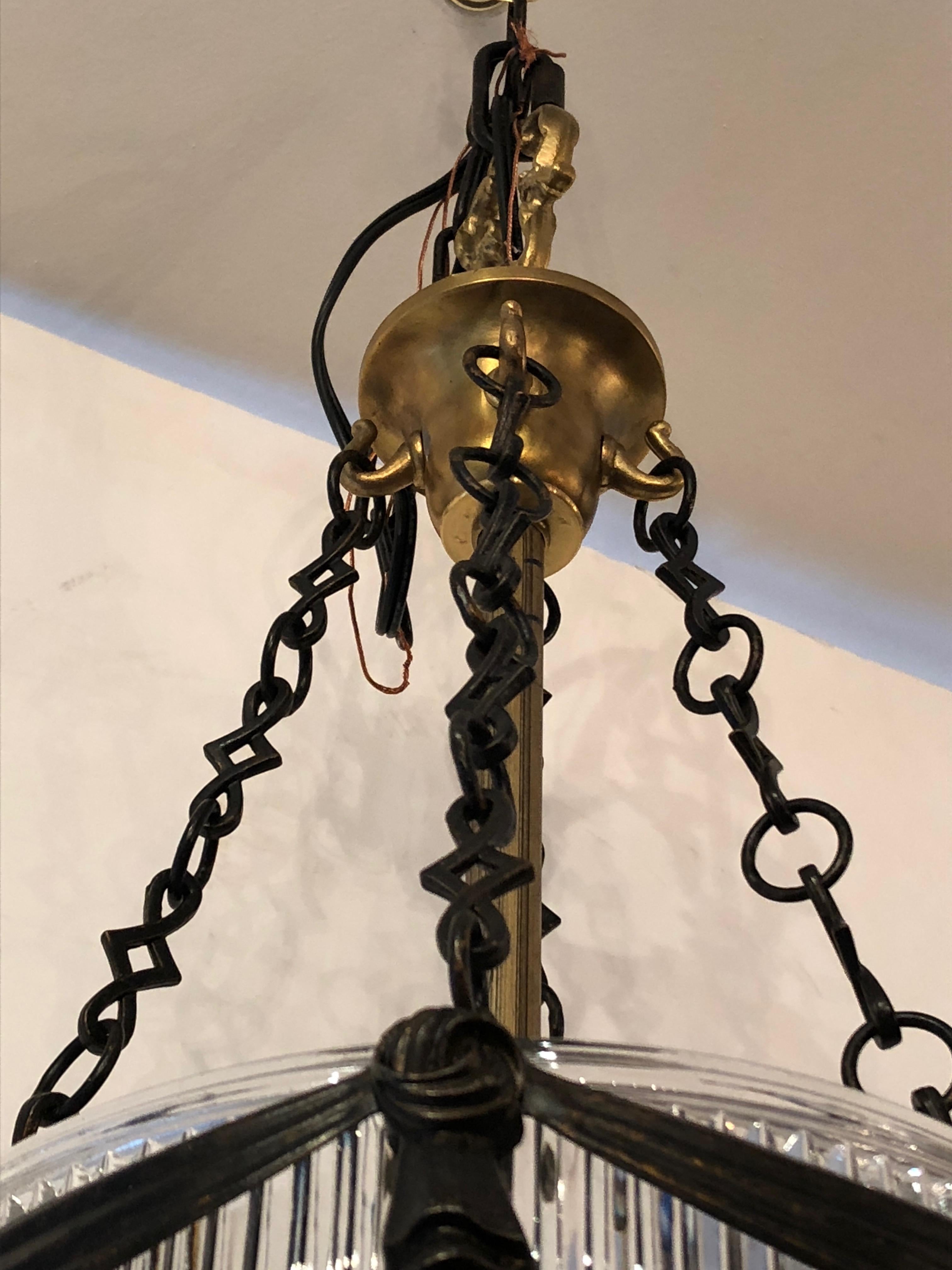 Late 20th Century Handsome Glass and Brass Hall Light Lantern Pendant