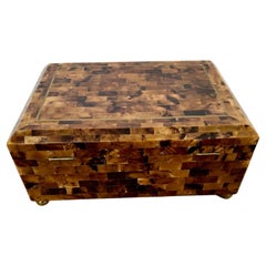 Handsome Very Large Glossy Horn Box with Brass Inlay and Ball Feet