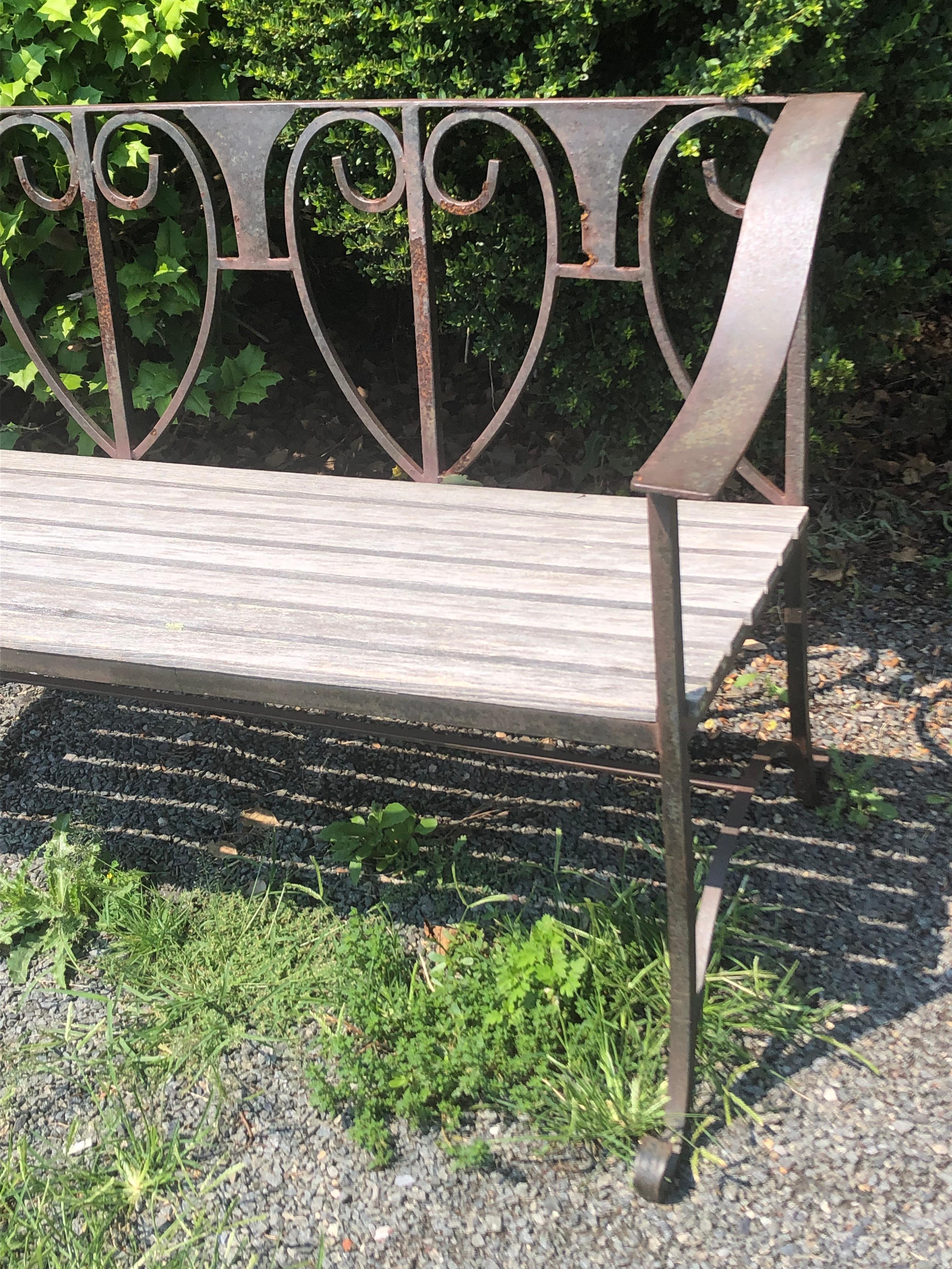 Handsome Hand Forged Rustic Iron and Wooden Garden Bench In Distressed Condition In Hopewell, NJ