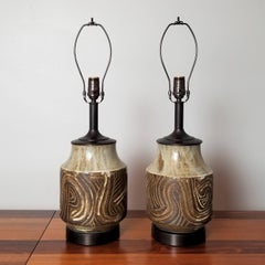 Handsome Handmade Pottery Lamps with Incised Decoration, California, 1960s
