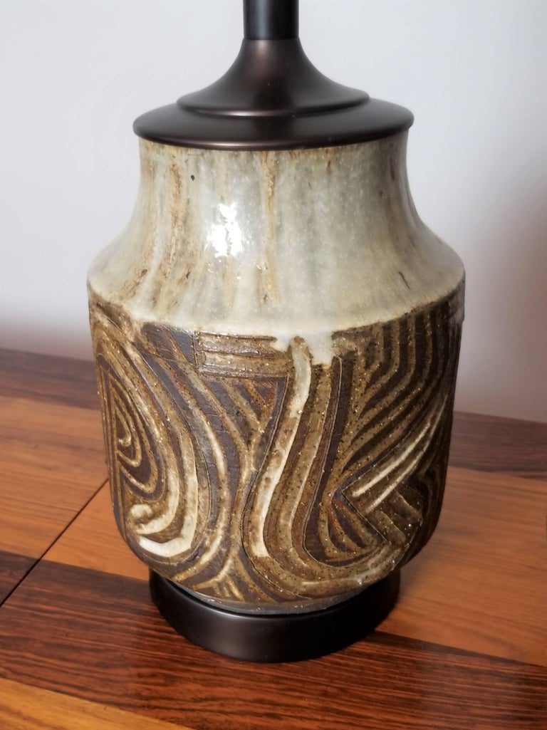 Handsome Handmade Pottery Lamps With Incised Decoration California Glazed Handsome Handmade Pottery Lamps With Incised Decoration California 1960s For