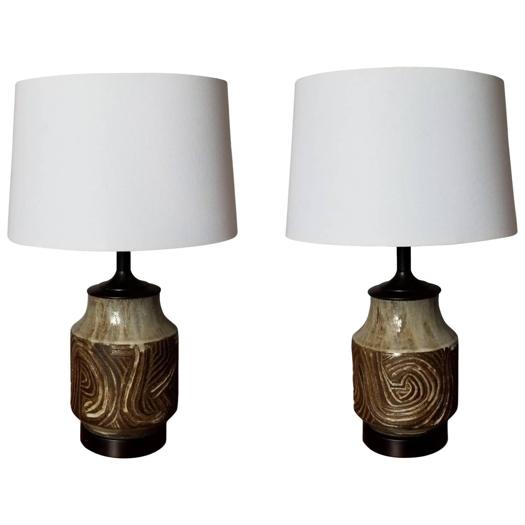 Handsome Handmade Pottery Lamps with Incised Decoration, California, 1960s