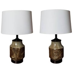 Handsome Handmade Pottery Lamps with Incised Decoration, California, 1960s