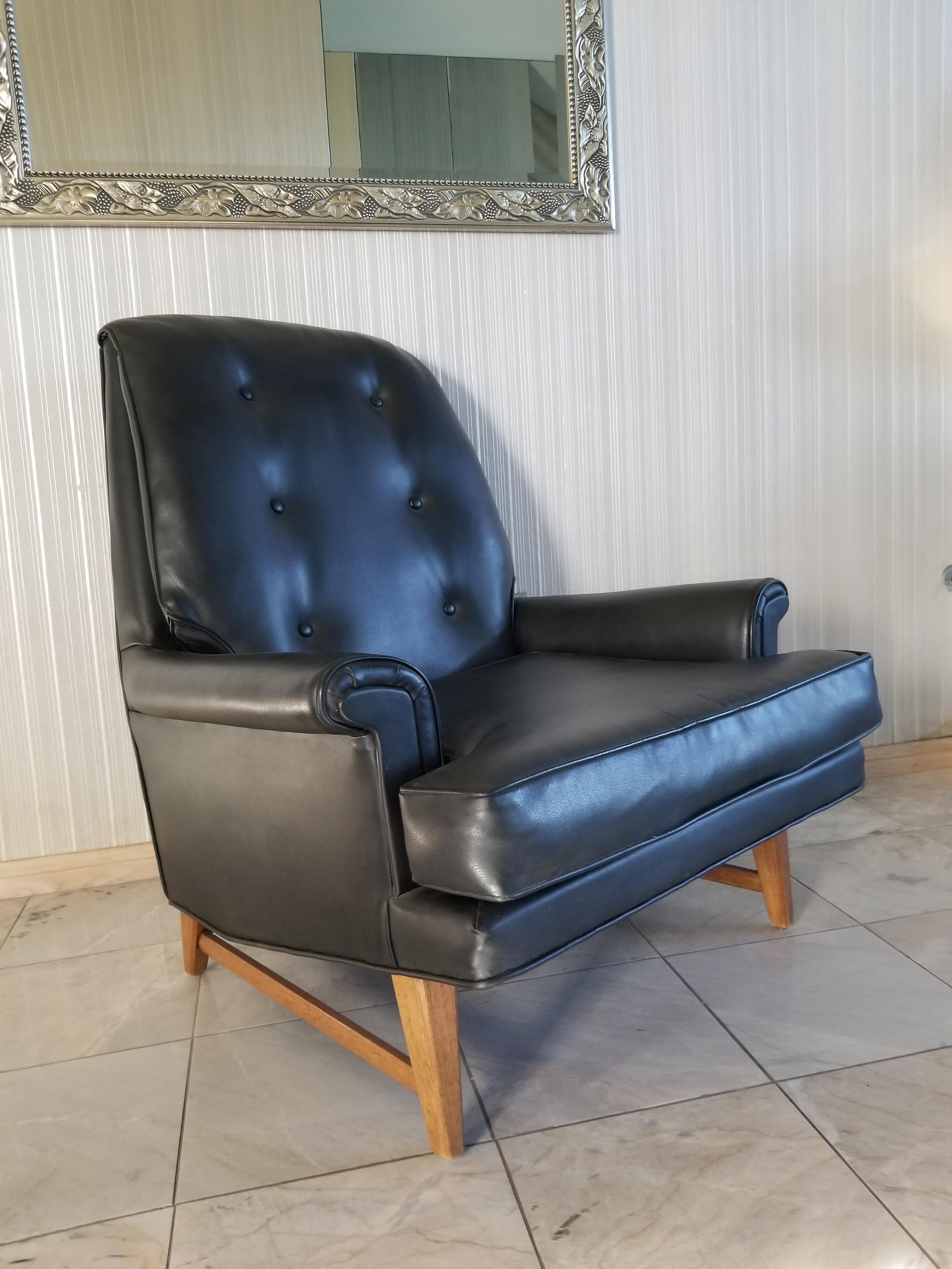 Mid-Century Modern 1950s Heritage Wormley Dunbar Black Faux Leather Mahogany Lounge Chair For Sale