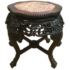 Retro Handsome Intricately Carved Asian Side Table with Inset Marble Top