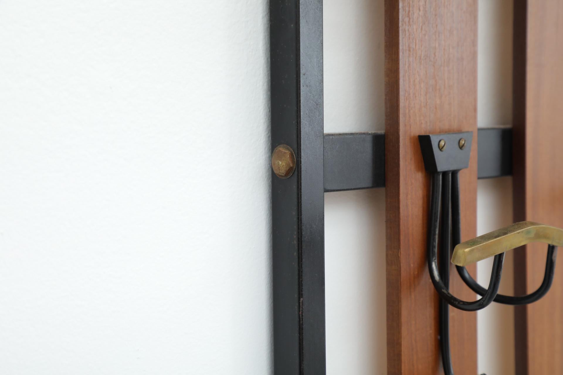 Handsome Italian Slatted Teak Wall Mount Coat Rack with Brass Accent Hooks For Sale 3