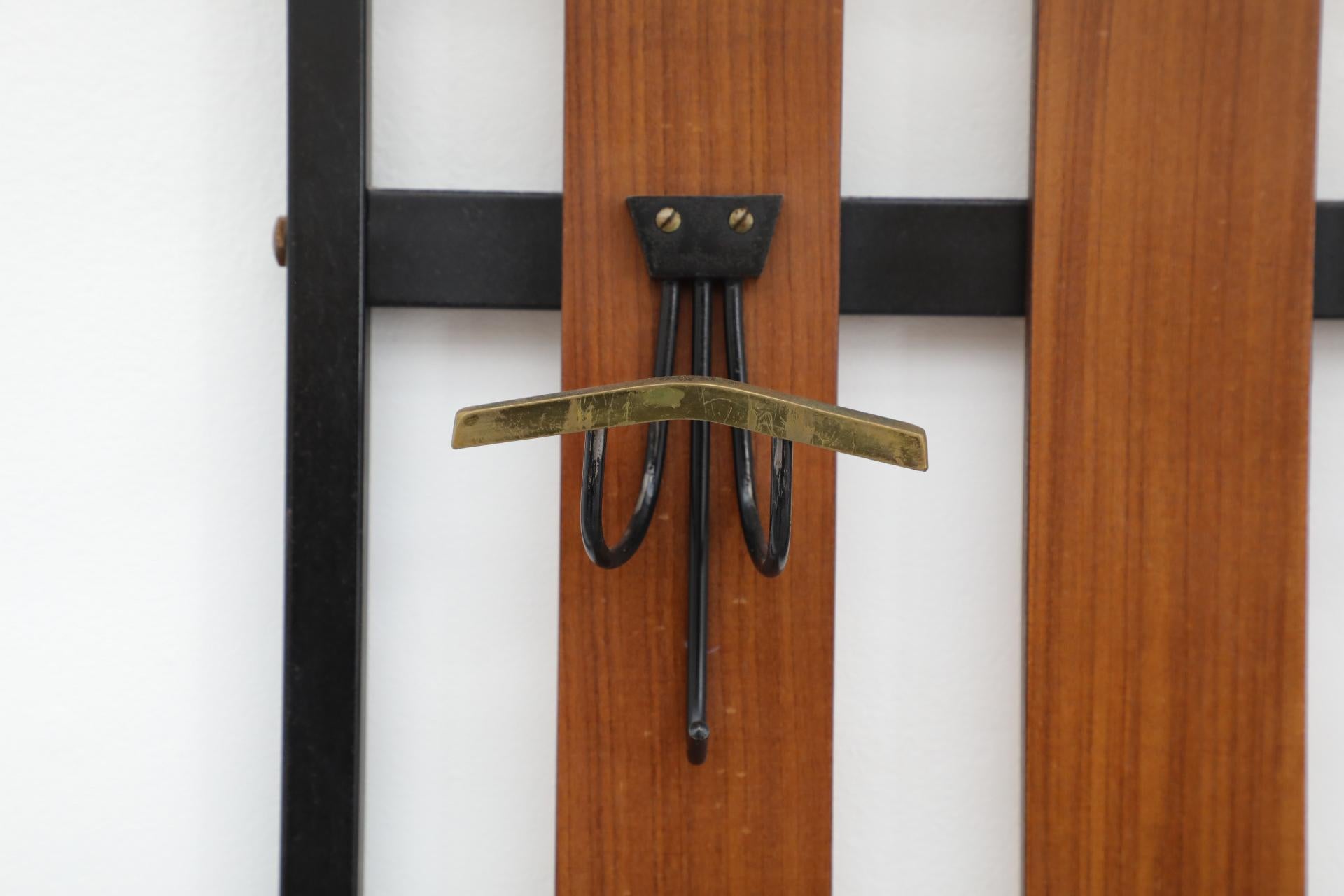 Handsome Italian Slatted Teak Wall Mount Coat Rack with Brass Accent Hooks For Sale 4